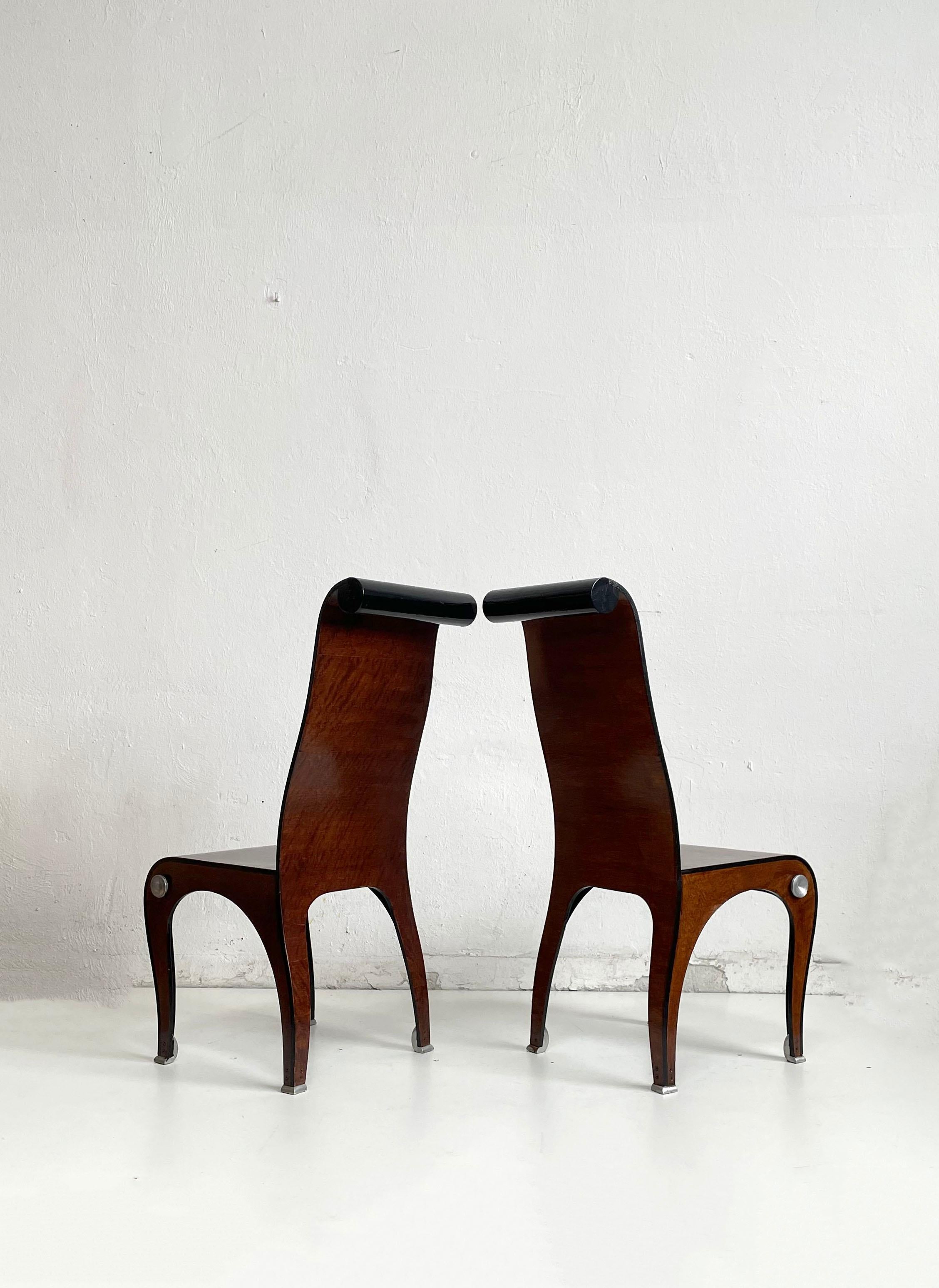 Aluminum Postmodern Art Deco Style Artisan Burr Walnut Veneered Plywood Chairs, Set of 2