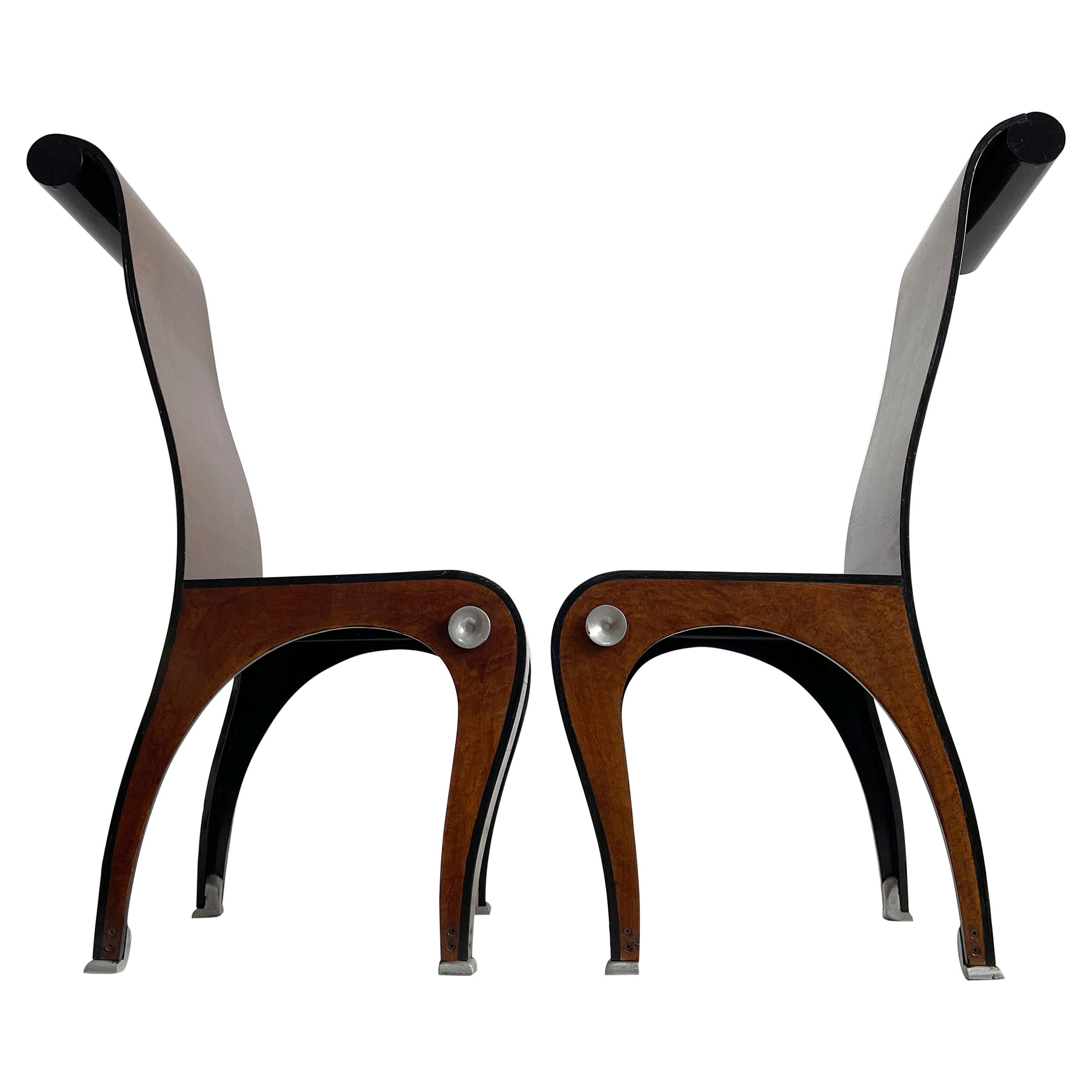 Postmodern Art Deco Style Artisan Burr Walnut Veneered Plywood Chairs, Set of 2