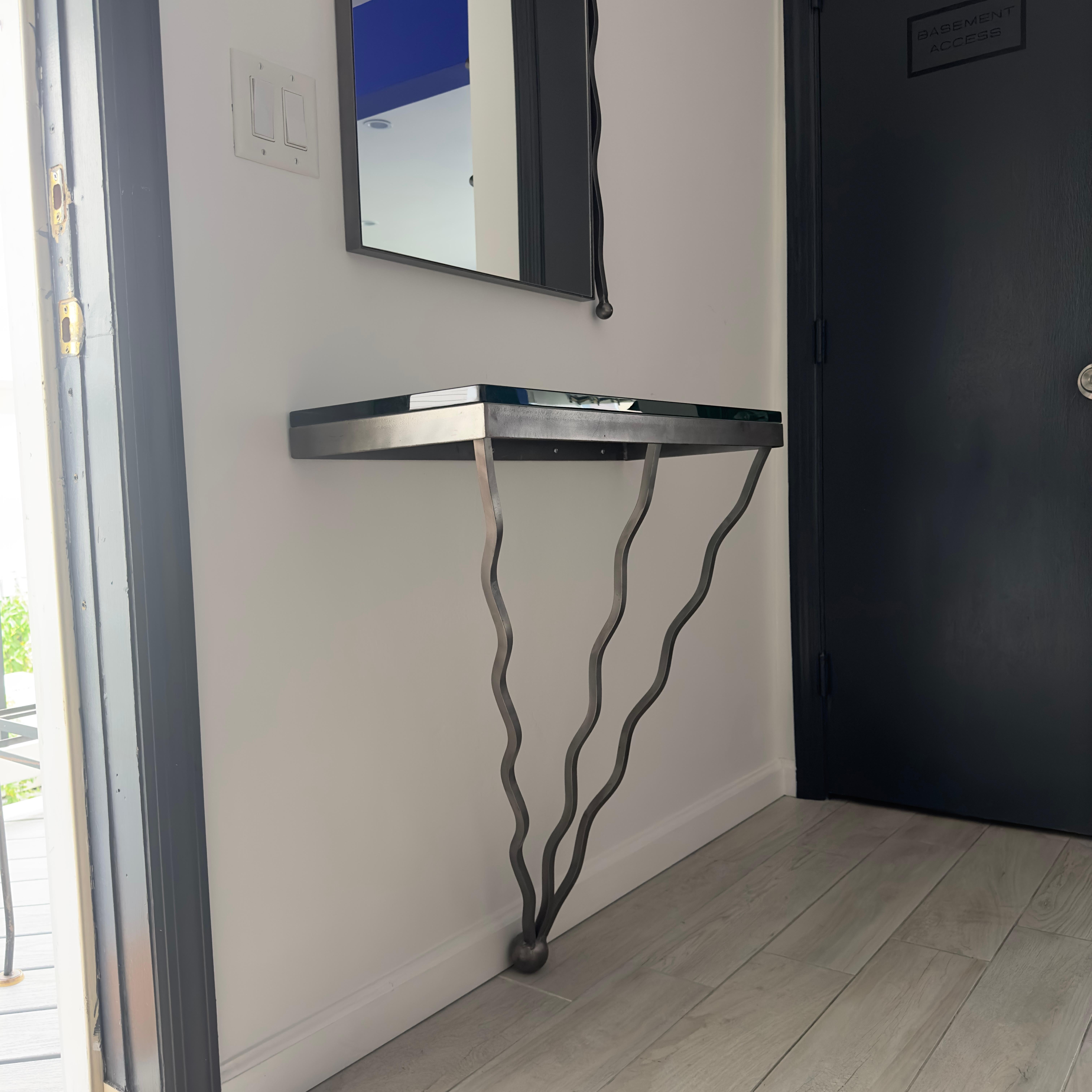 American Postmodern Artist Studio Iron Wall-Mounted Entry Table With Mirror
