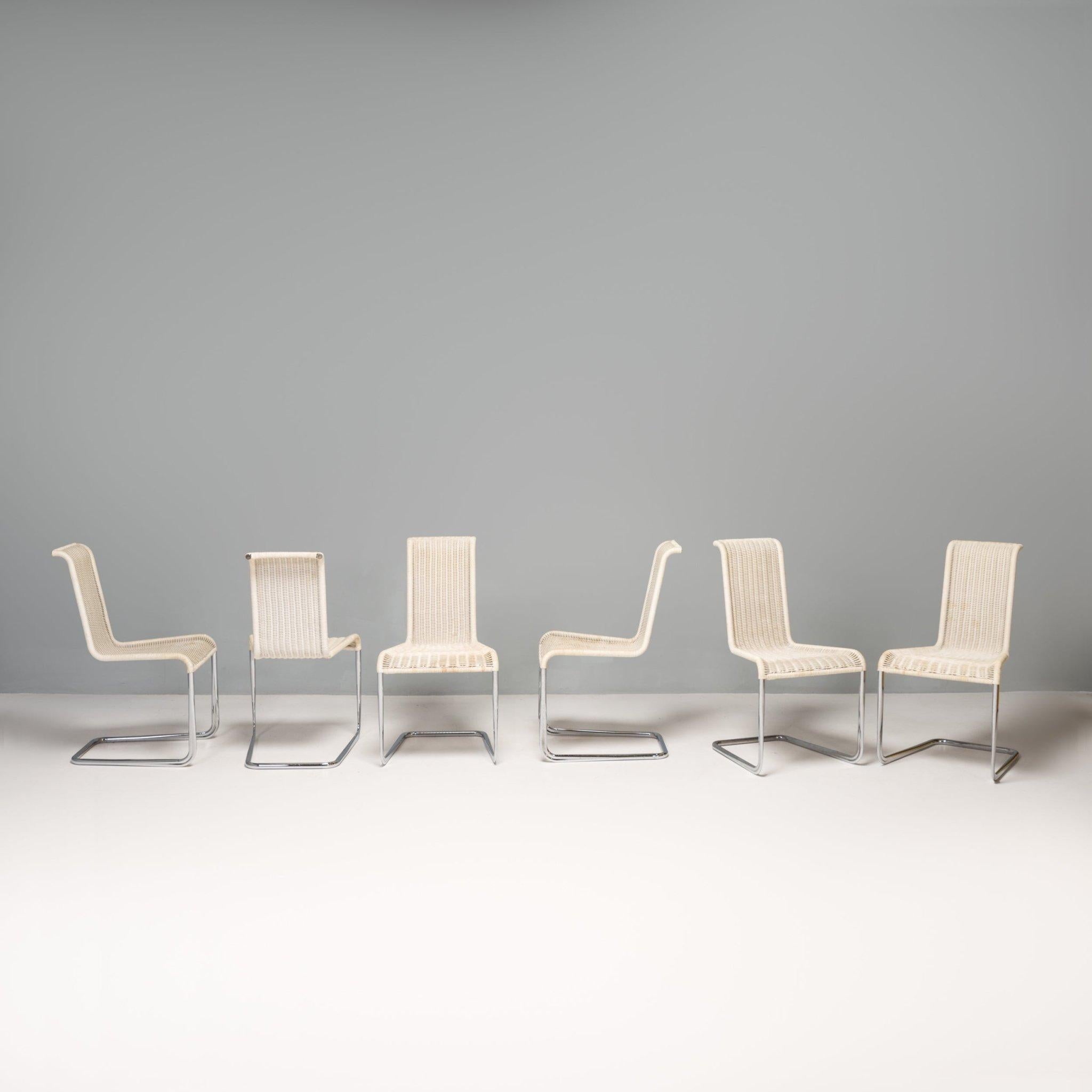 Designed by Axel Brüchhauser in collaboration with Jean Prouvé, Mart Stam and Marcel Breuer in the 1980s, the B20 dining chair was manufactured by Tecta.

The chair has a cantilever sledge style base, constructed from polished chrome, with a high