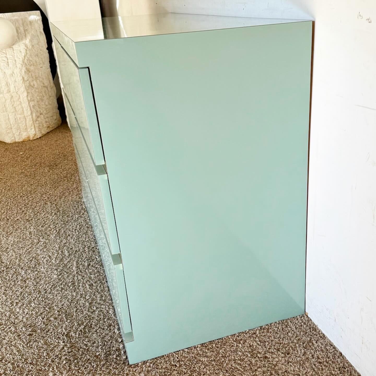 Postmodern Baby Blue Lacquer Laminate Dresser With Gold Accents In Good Condition For Sale In Delray Beach, FL