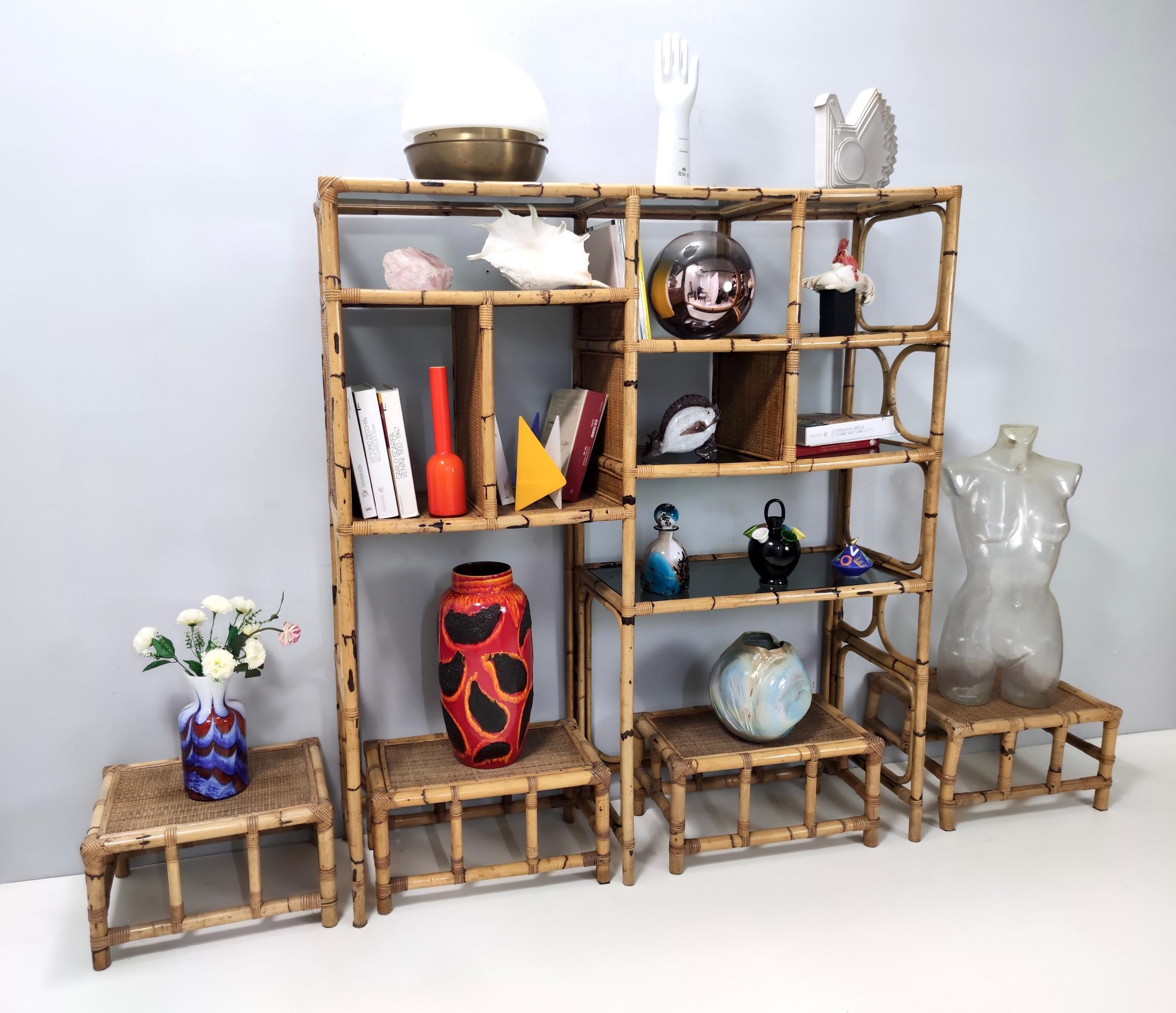 Postmodern Bamboo Bookcase with Smoked Glass Shelves by Vivai del Sud, Italy For Sale 1