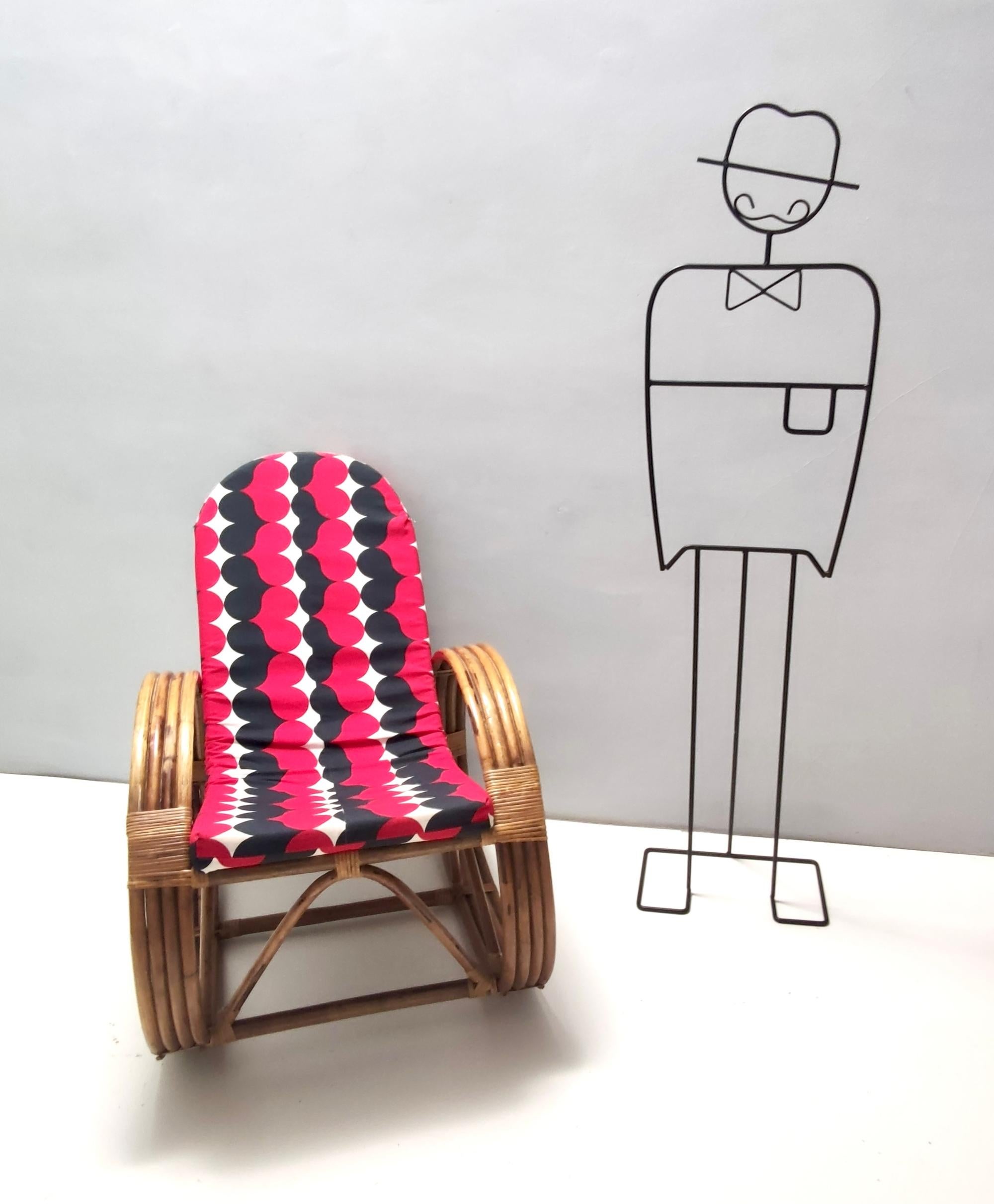 Italian Postmodern Bamboo Rocking Chair with Red, Black and White Fabric Upholstery For Sale