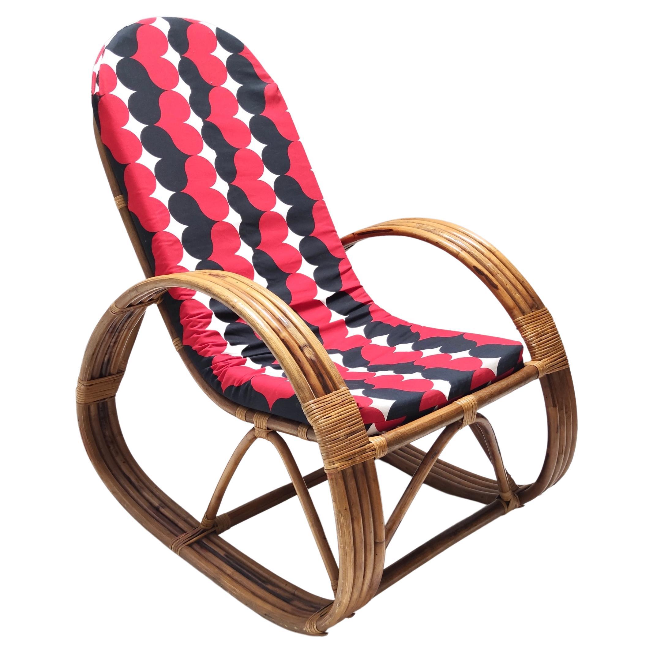 Postmodern Bamboo Rocking Chair with Red, Black and White Fabric Upholstery