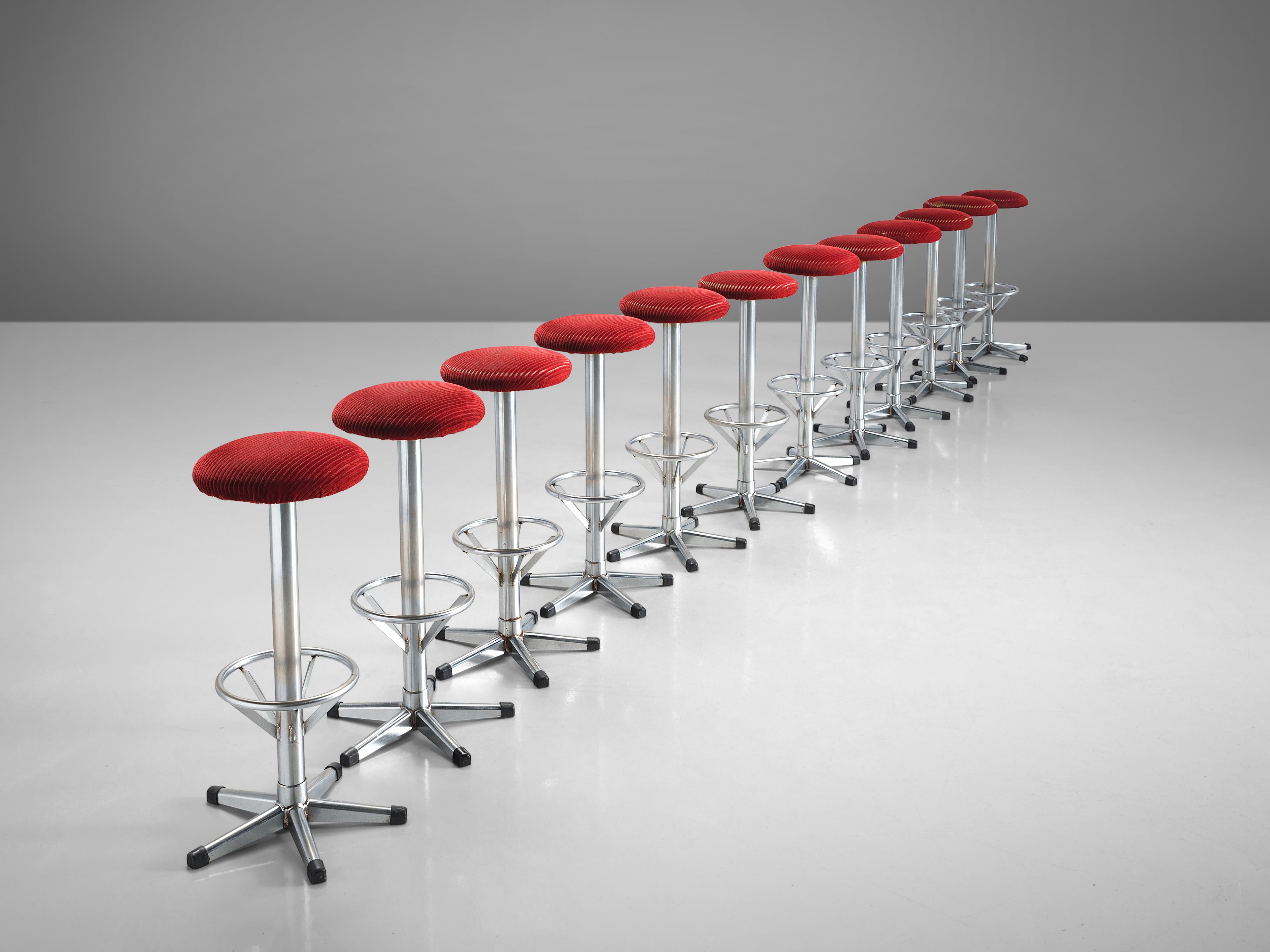 Post-Modern Bar Stools in Metal and Red Corduroy Upholstery