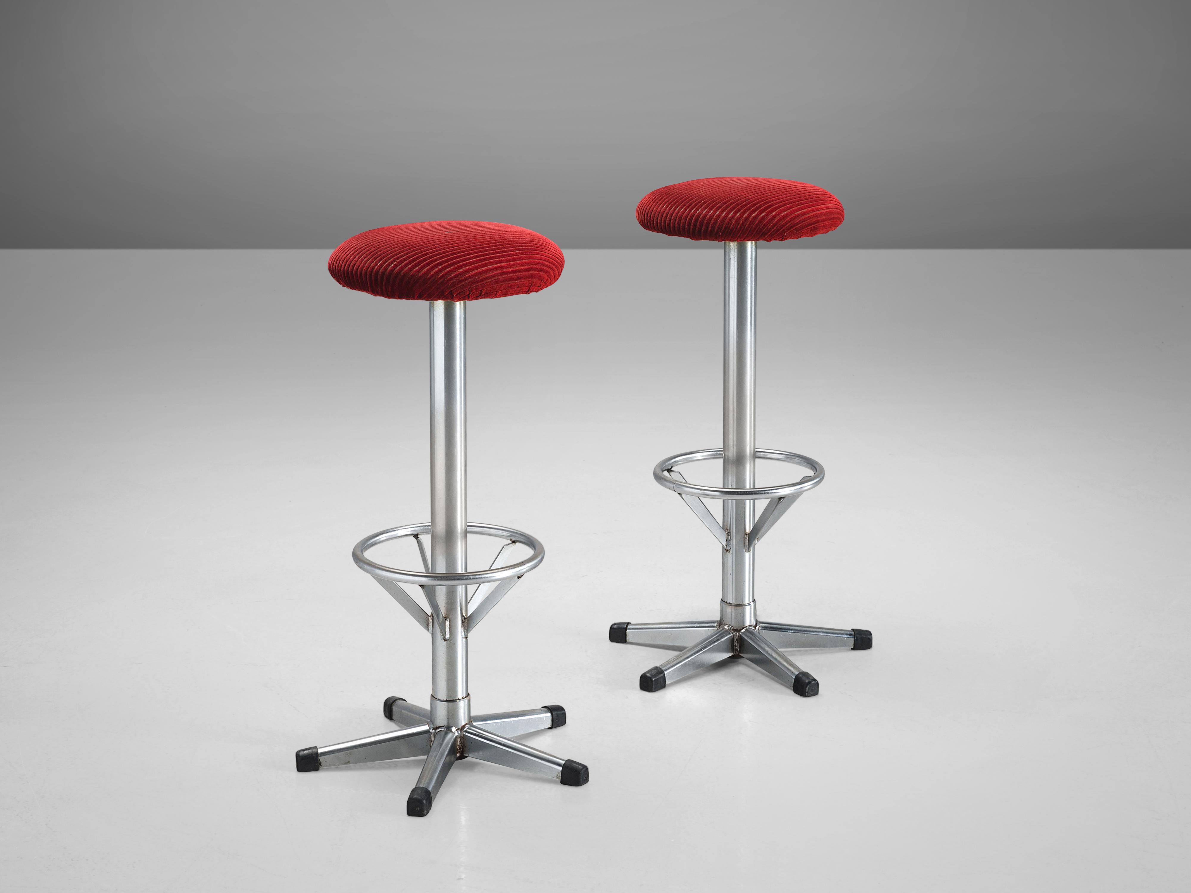 European Bar Stools in Metal and Red Corduroy Upholstery