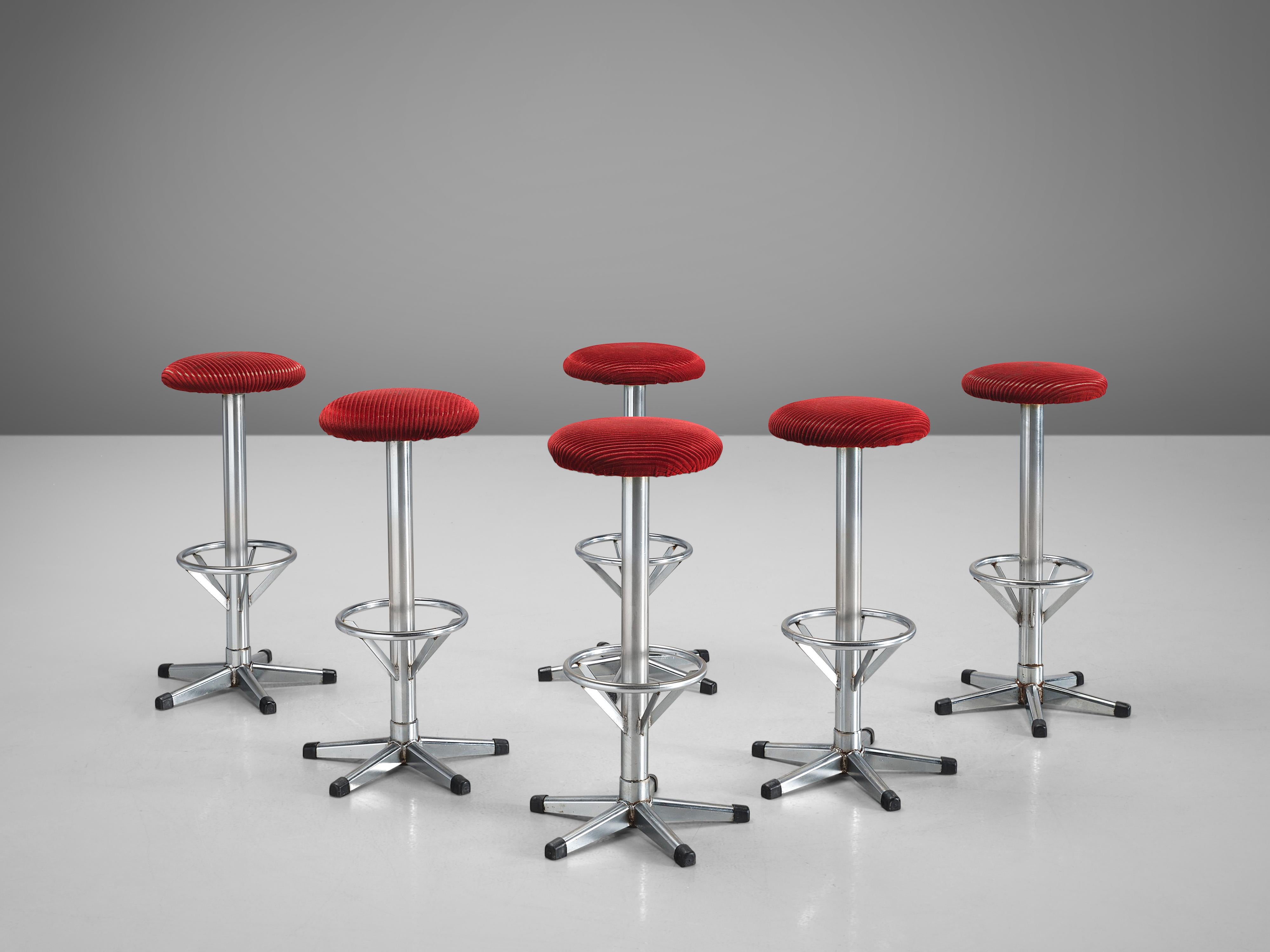 Bar Stools in Metal and Red Corduroy Upholstery In Good Condition In Waalwijk, NL