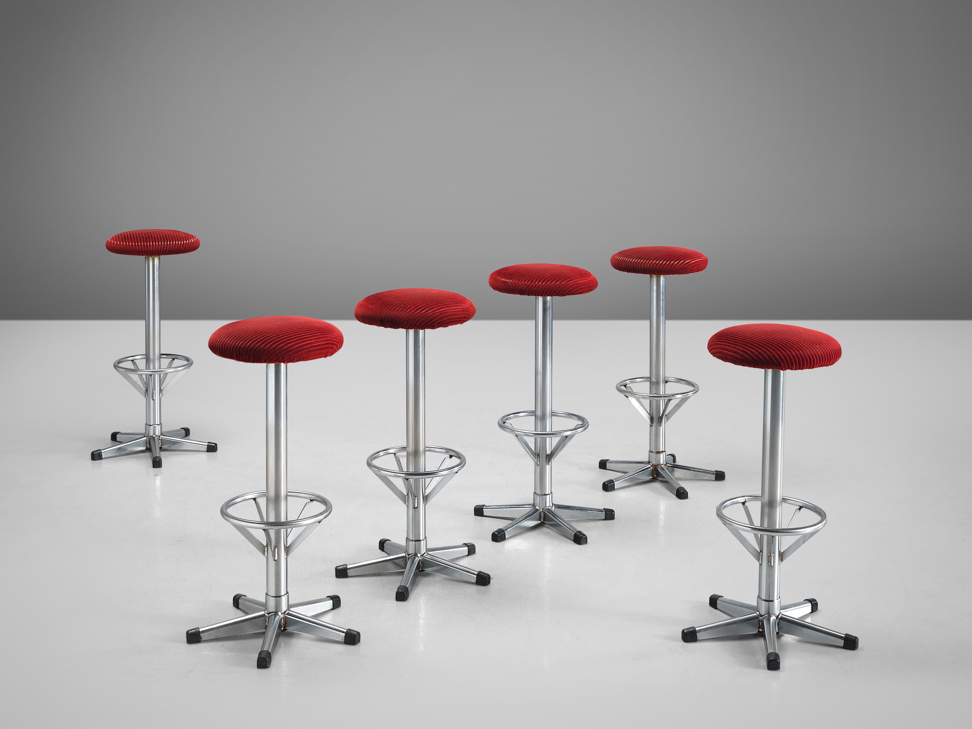 Late 20th Century Bar Stools in Metal and Red Corduroy Upholstery