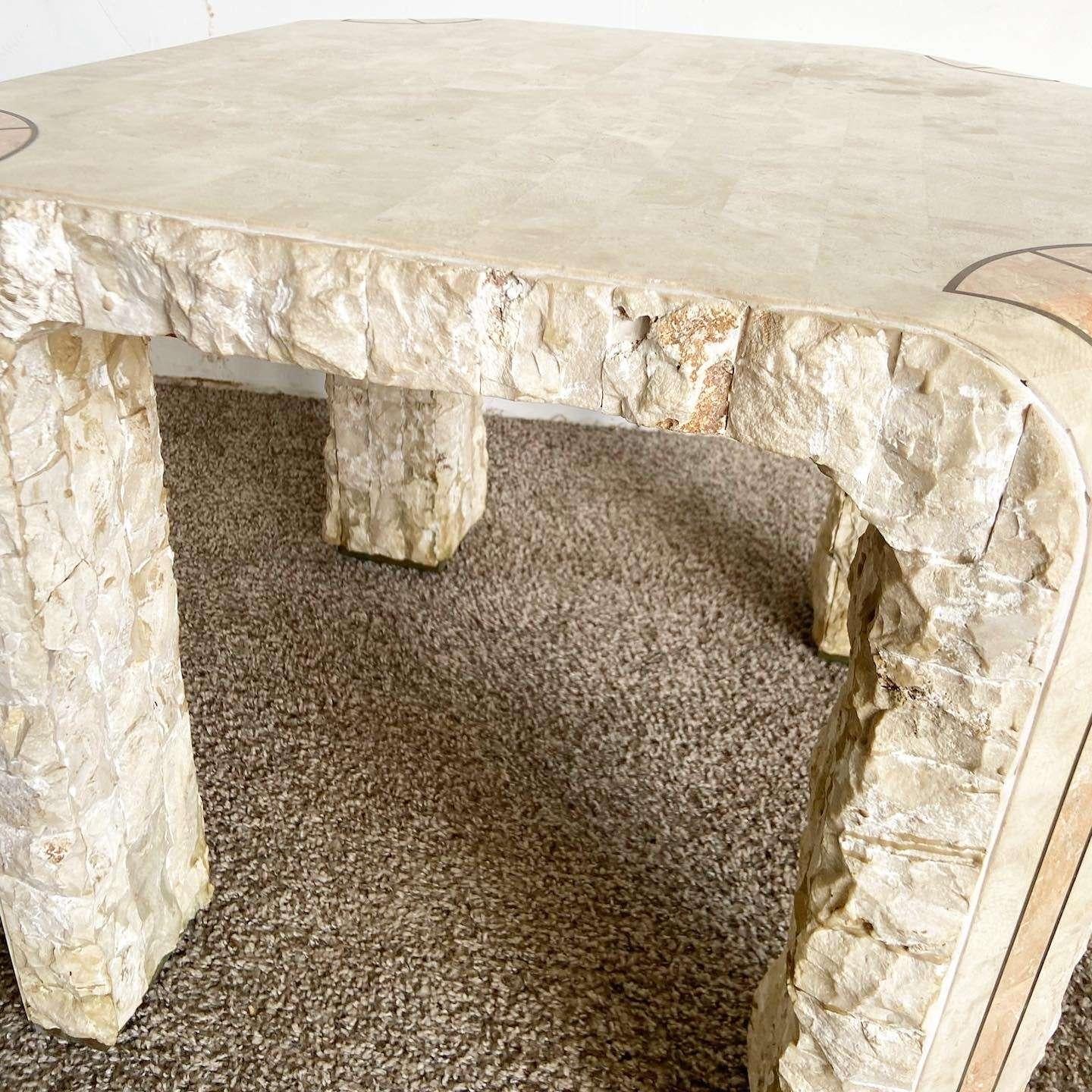 Late 20th Century Postmodern Beige and Pink Tessellated Stone Side Table For Sale
