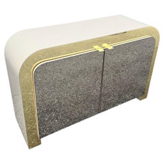 Postmodern Beige Gloss Laminate Mirrored and Gold Waterfall Credenza/Sideboard