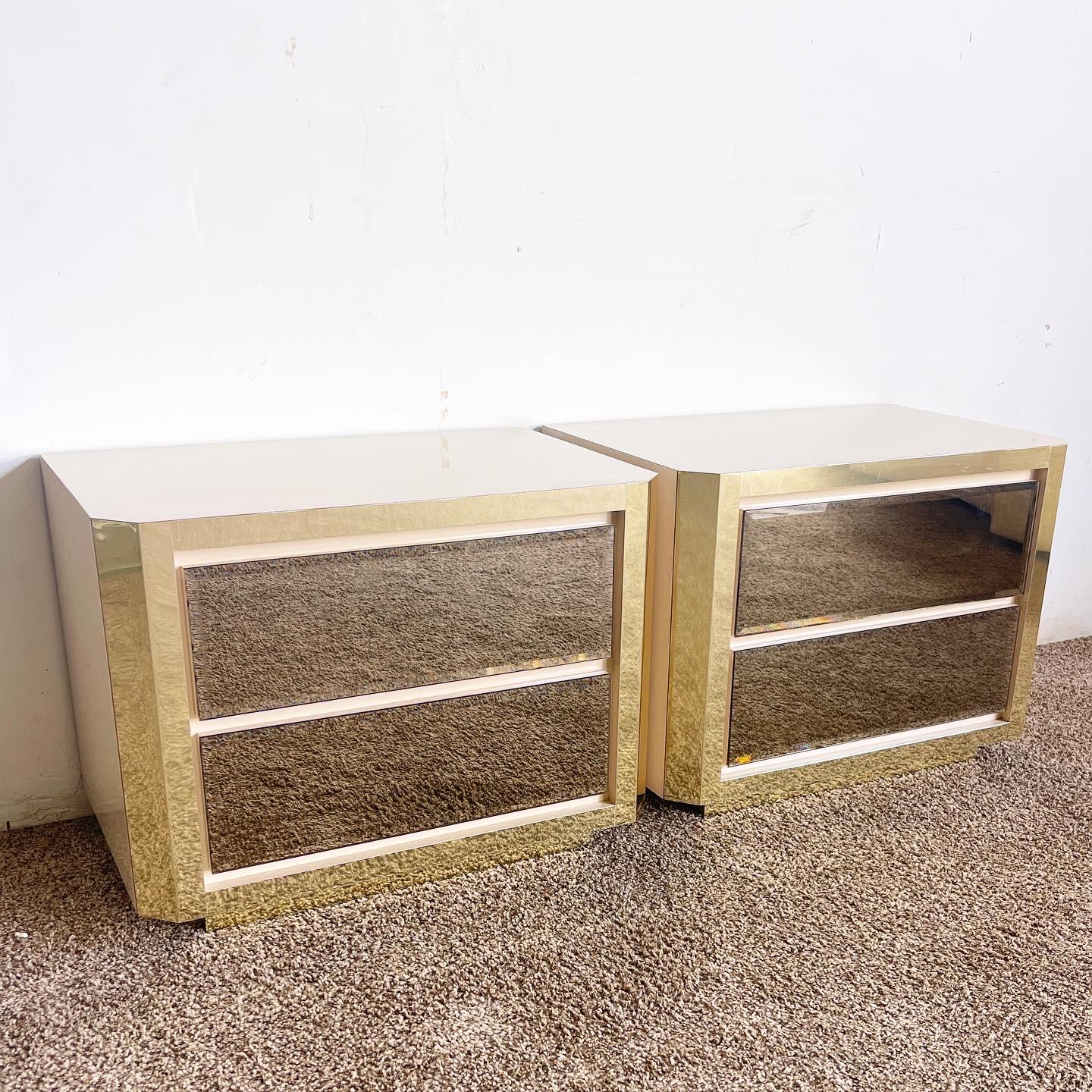 Post-Modern Postmodern Beige Gold and Smoked Mirror Nightstands - a Pair For Sale