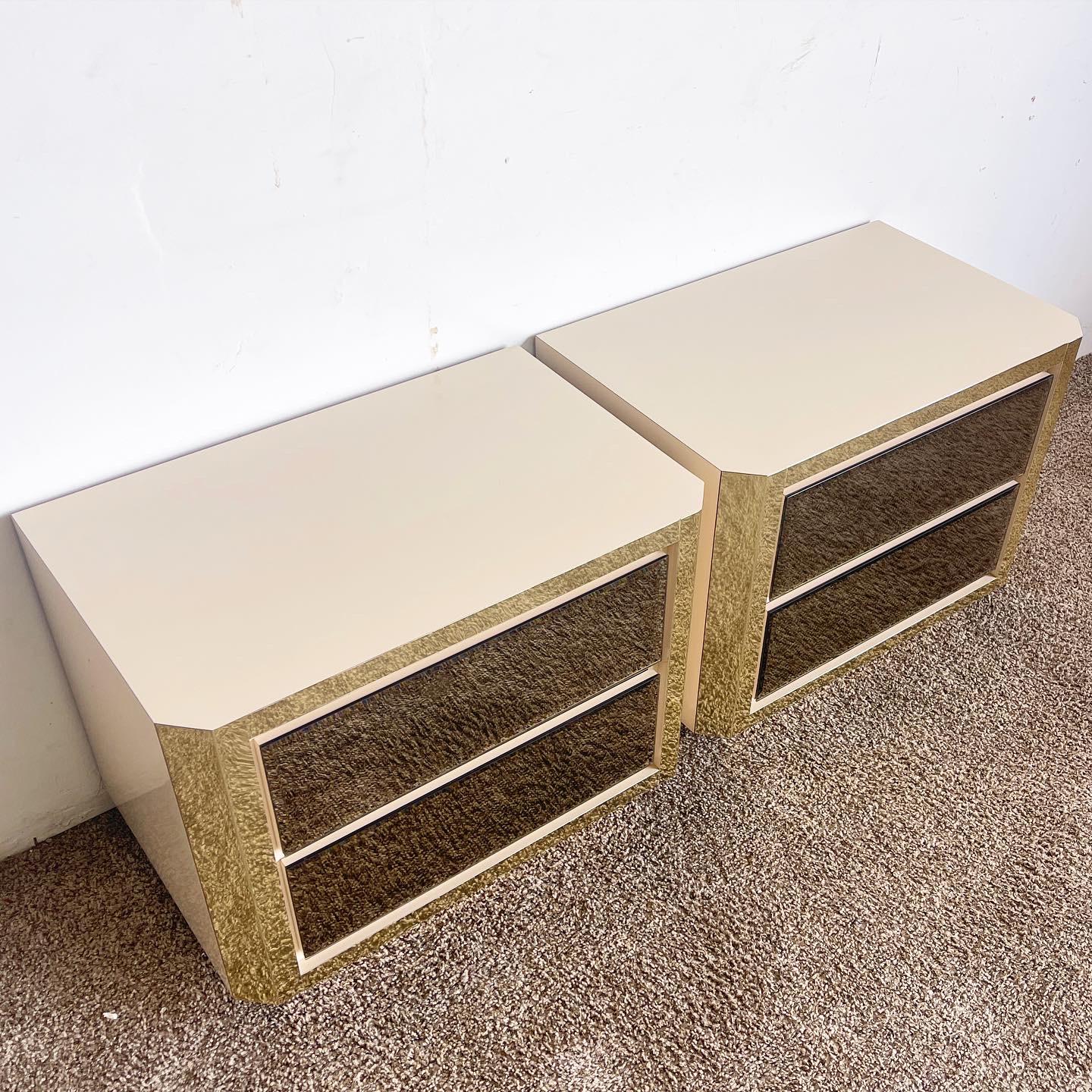 American Postmodern Beige Gold and Smoked Mirror Nightstands - a Pair For Sale