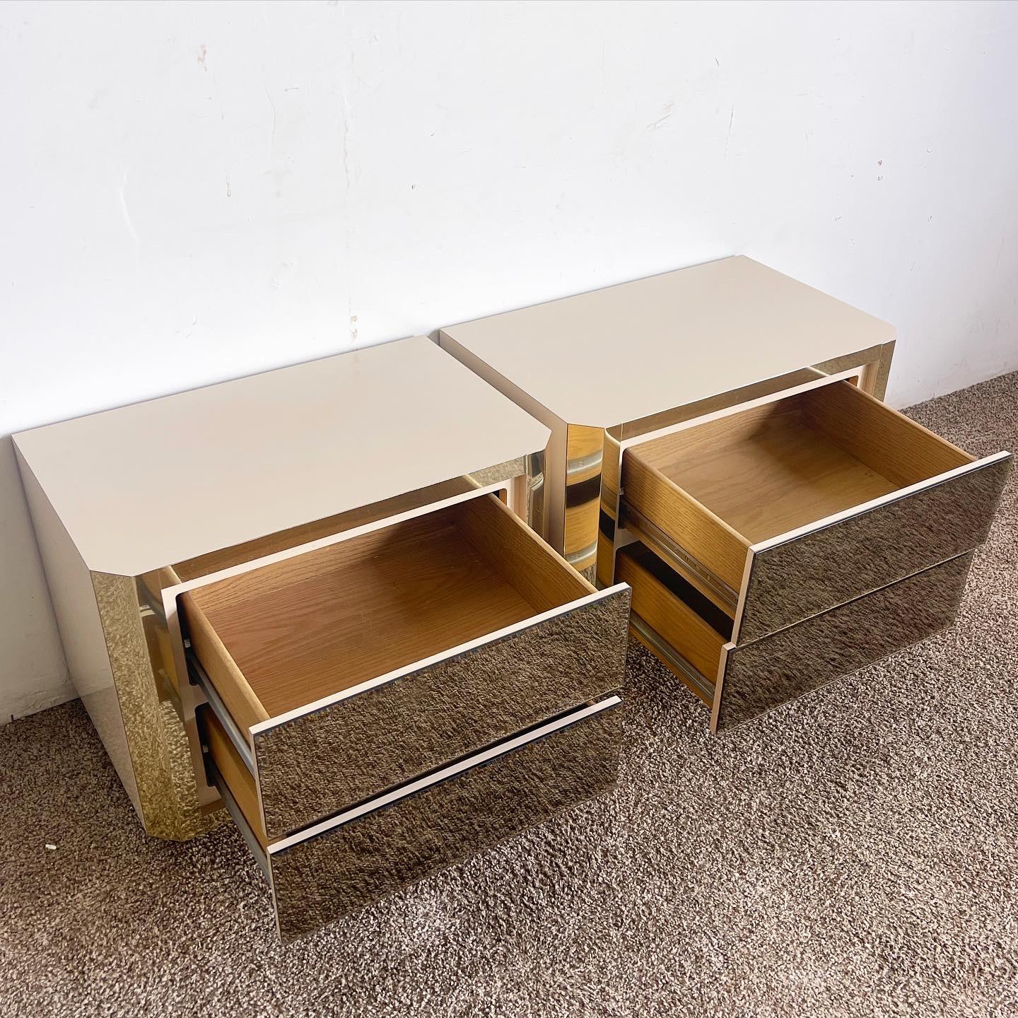Postmodern Beige Gold and Smoked Mirror Nightstands - a Pair In Good Condition For Sale In Delray Beach, FL