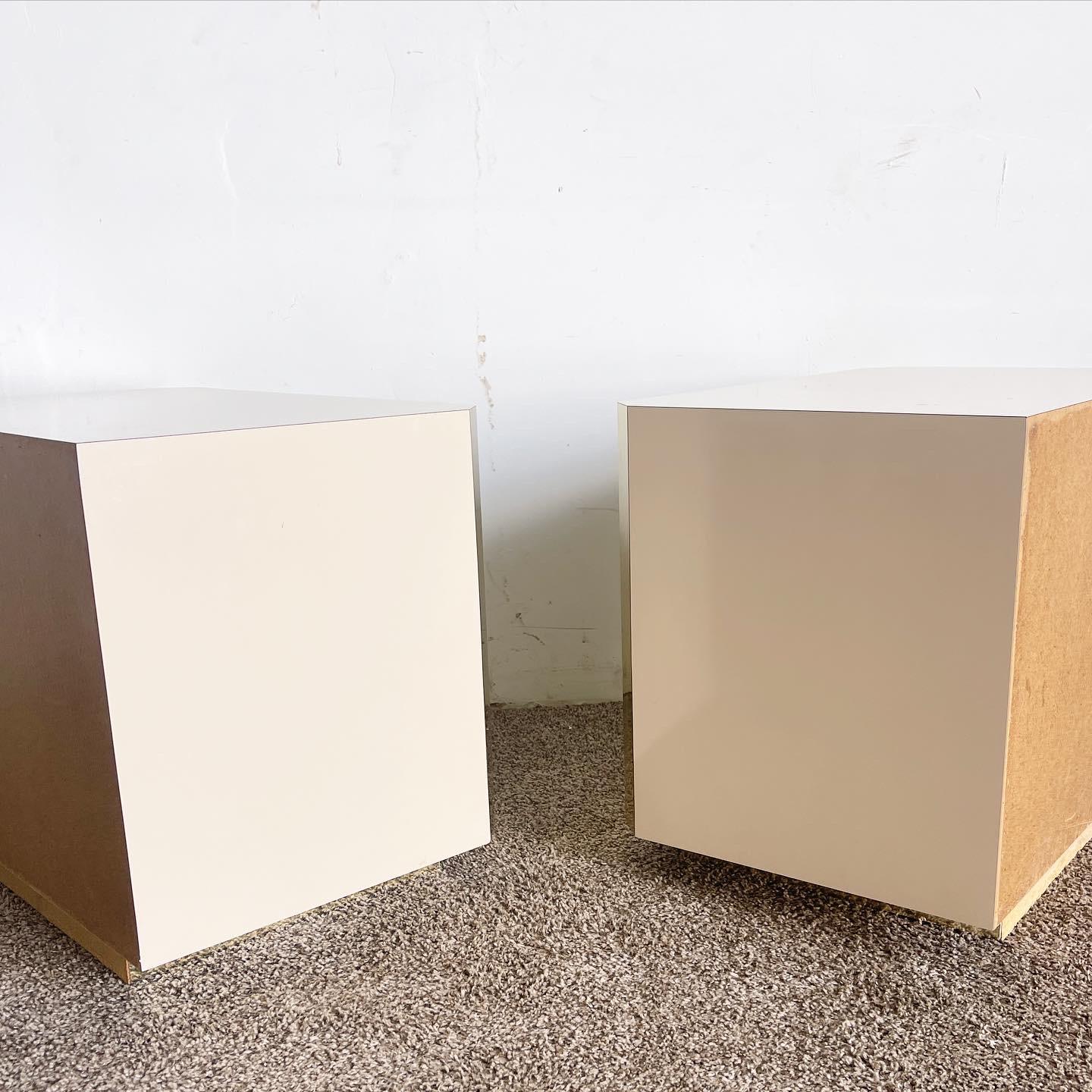 Wood Postmodern Beige Gold and Smoked Mirror Nightstands - a Pair For Sale