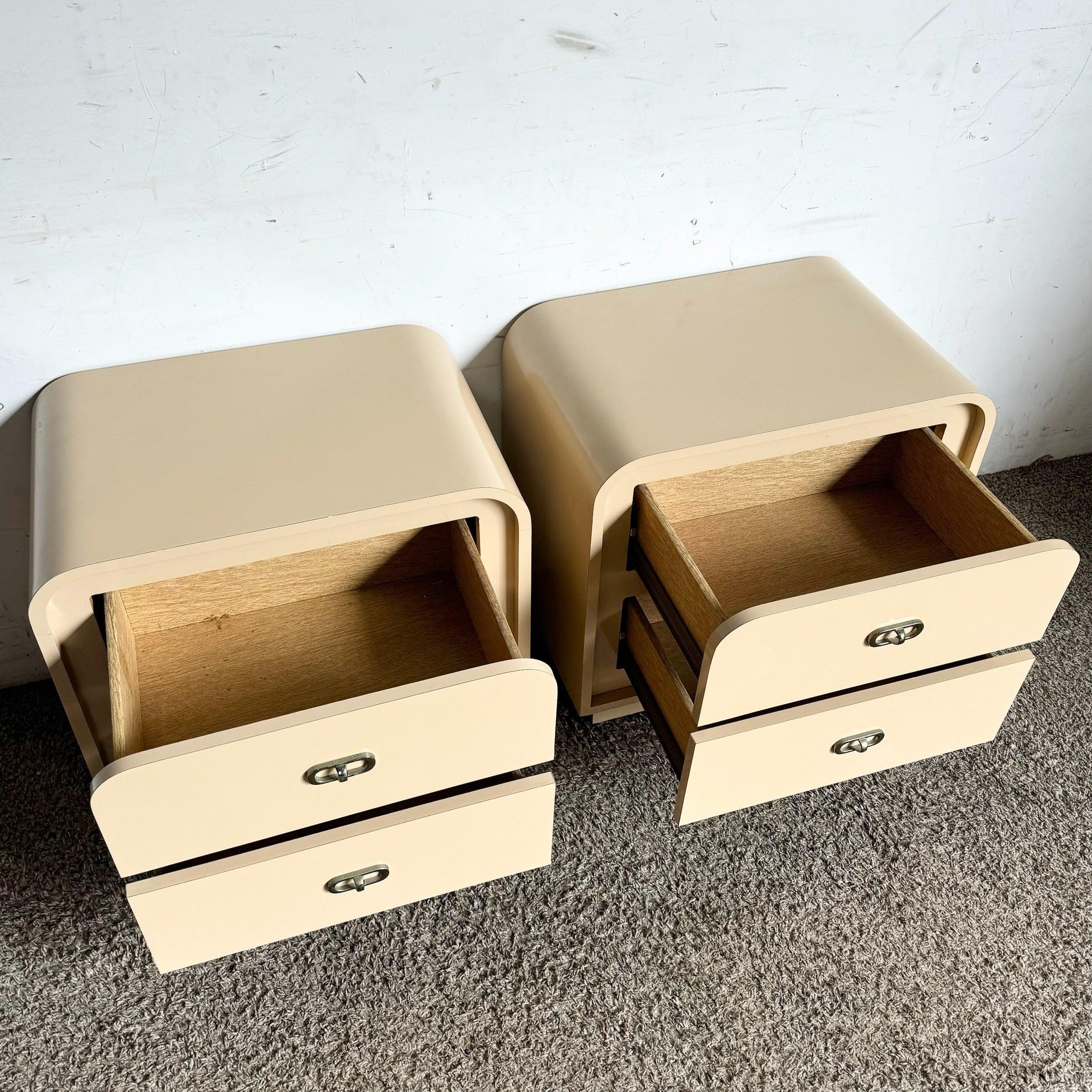 American Postmodern Beige Lacquer Laminate Waterfall Nightstands - a Pair