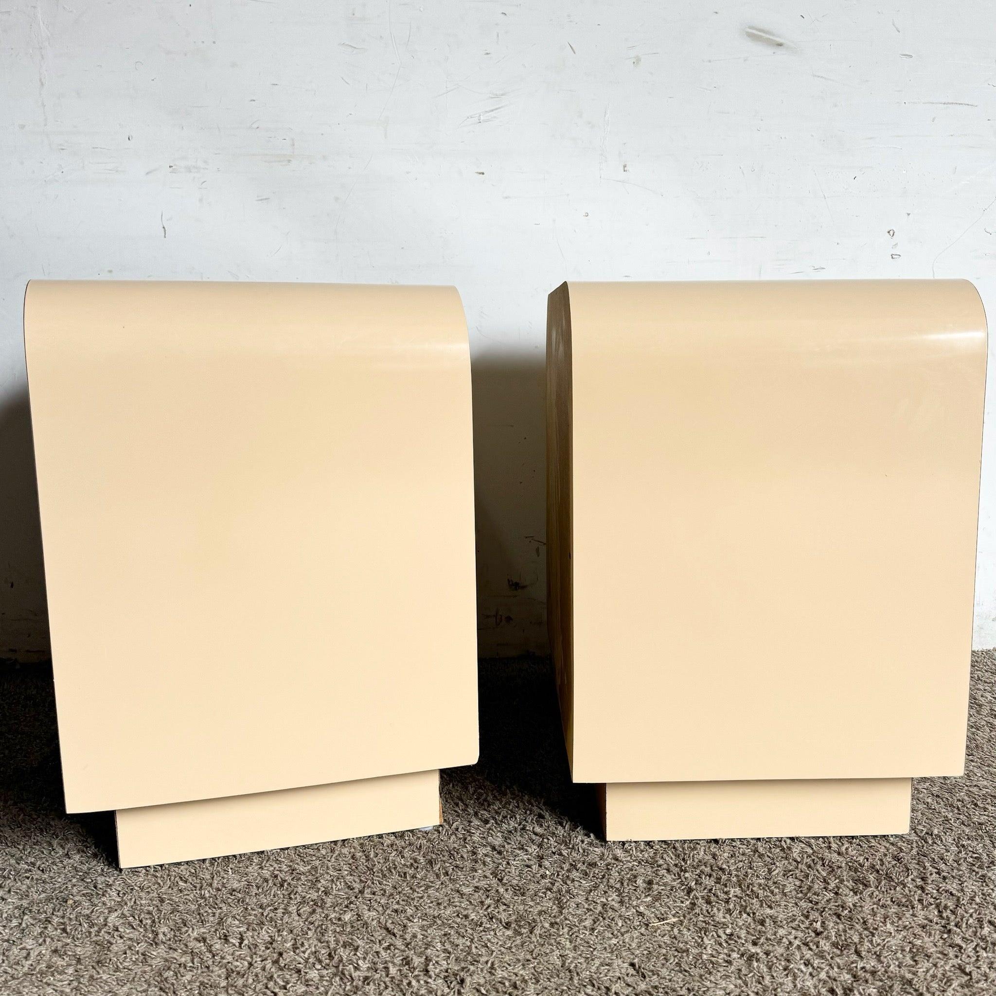 Postmodern Beige Lacquer Laminate Waterfall Nightstands - a Pair In Good Condition In Delray Beach, FL