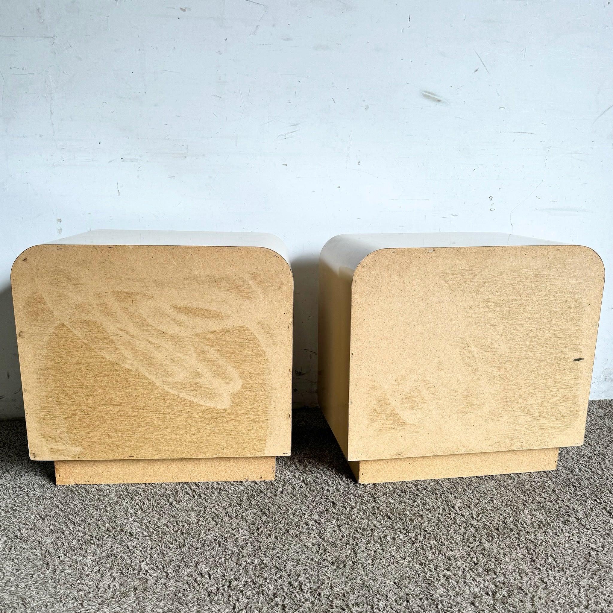 Late 20th Century Postmodern Beige Lacquer Laminate Waterfall Nightstands - a Pair