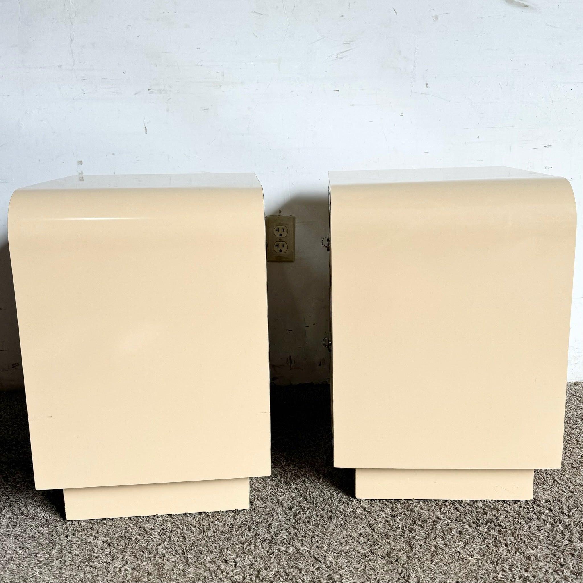 Wood Postmodern Beige Lacquer Laminate Waterfall Nightstands - a Pair