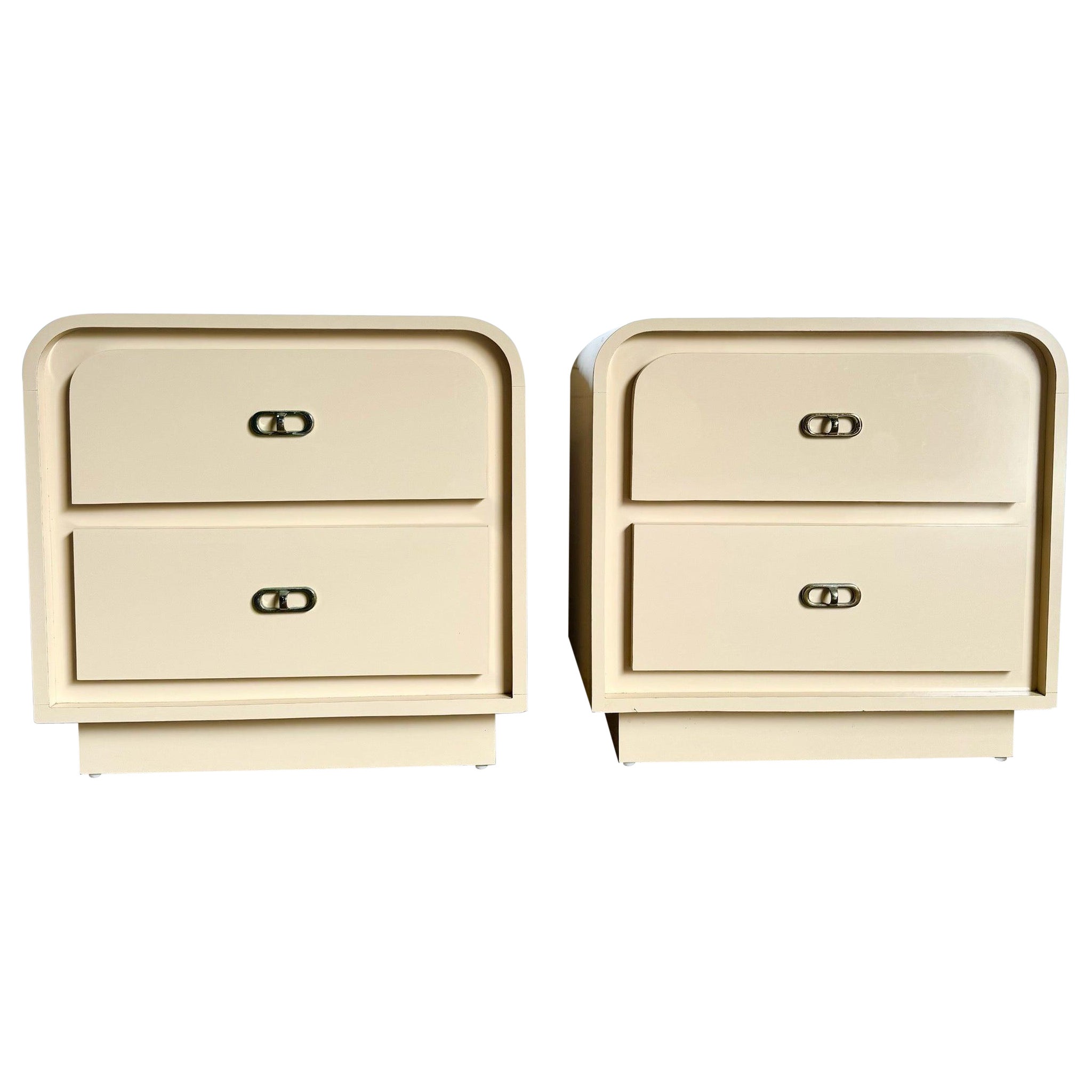 Postmodern Beige Lacquer Laminate Waterfall Nightstands - a Pair