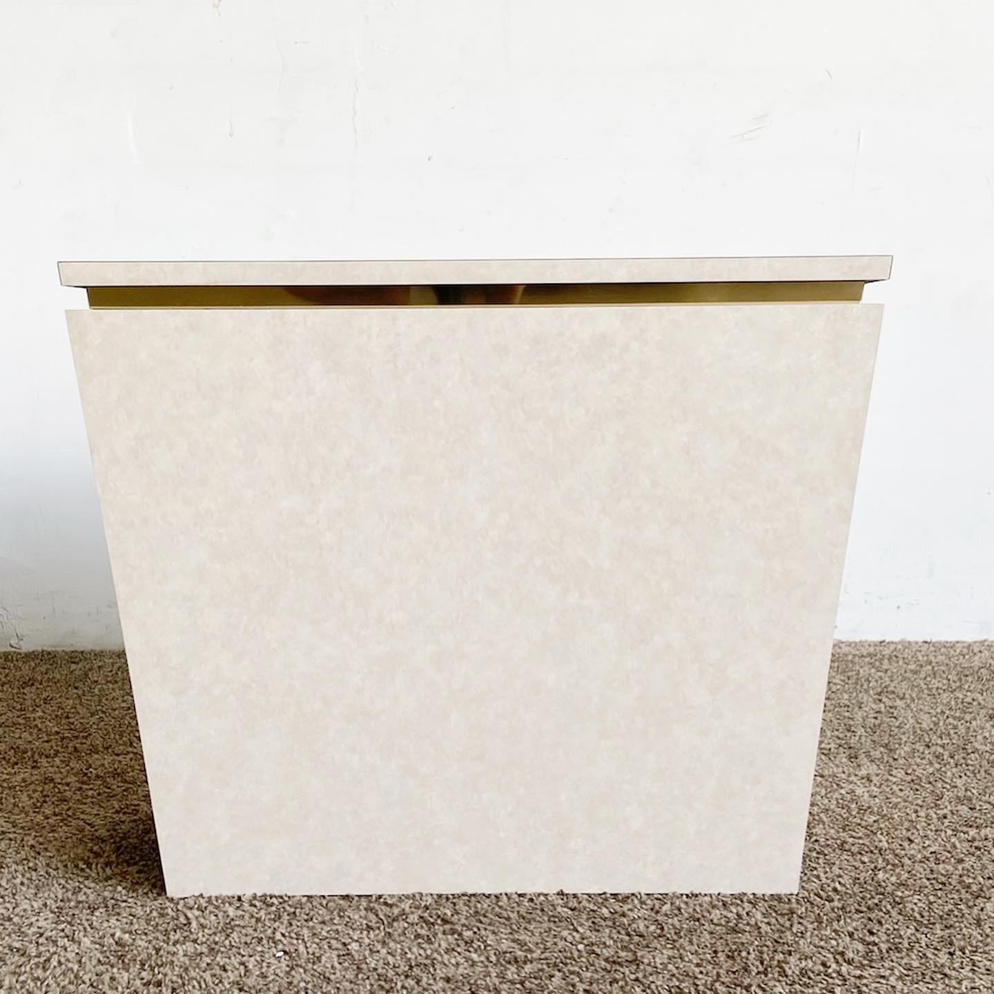 Postmodern Beige Laminate and Gold Rectangular Side Table In Good Condition For Sale In Delray Beach, FL