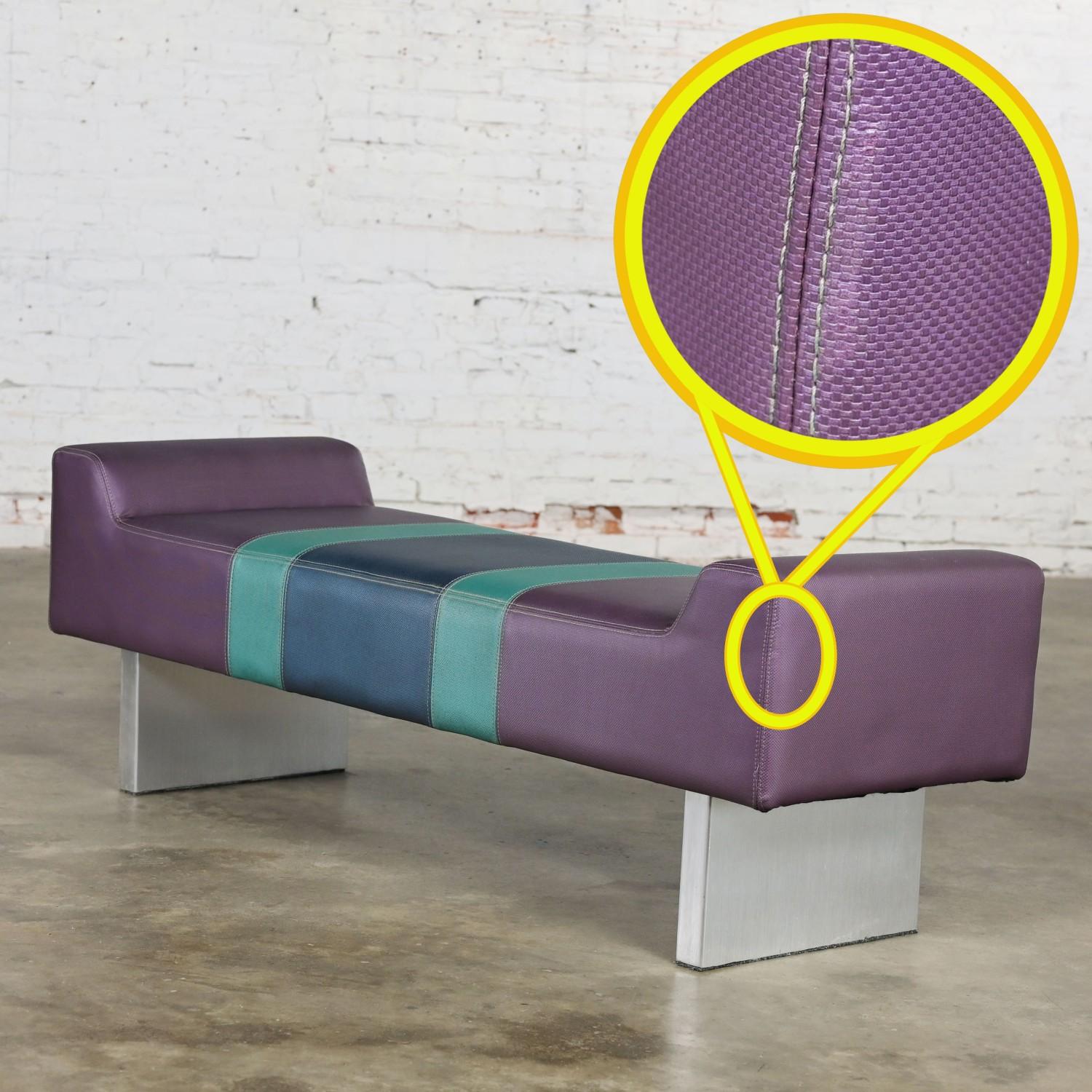 Postmodern Bench Purple Vinyl & Brushed Aluminum Base after the Memphis Group For Sale 11