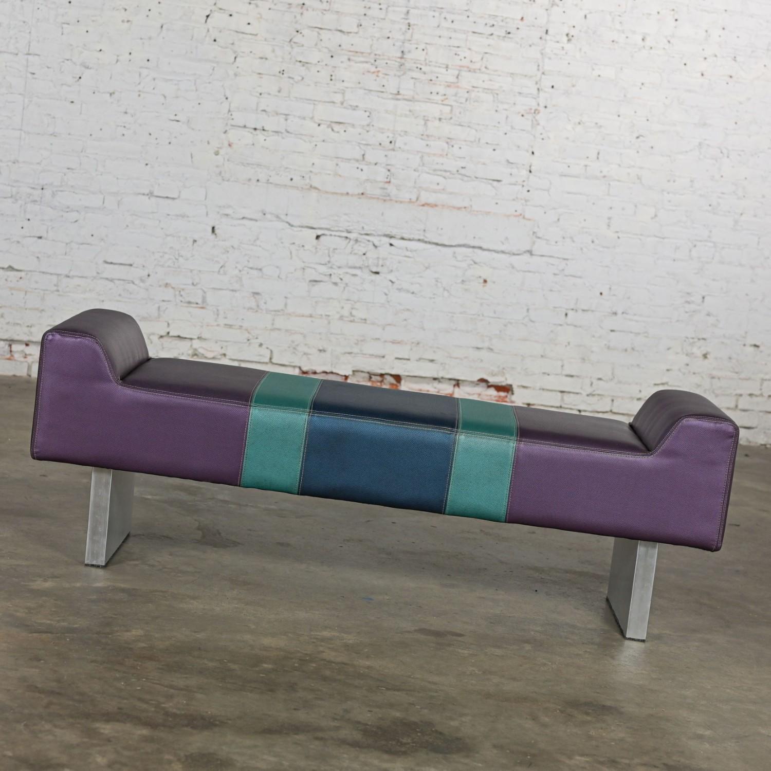 Post-Modern Postmodern Bench Purple Vinyl & Brushed Aluminum Base after the Memphis Group For Sale