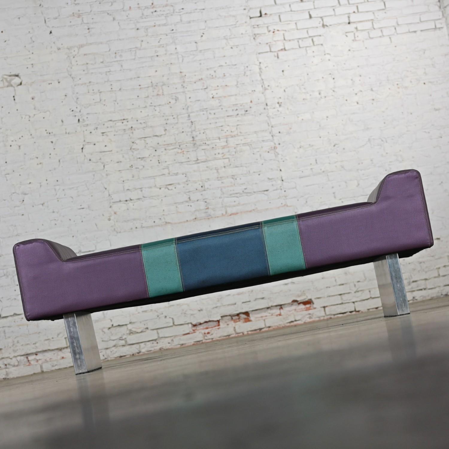American Postmodern Bench Purple Vinyl & Brushed Aluminum Base after the Memphis Group For Sale