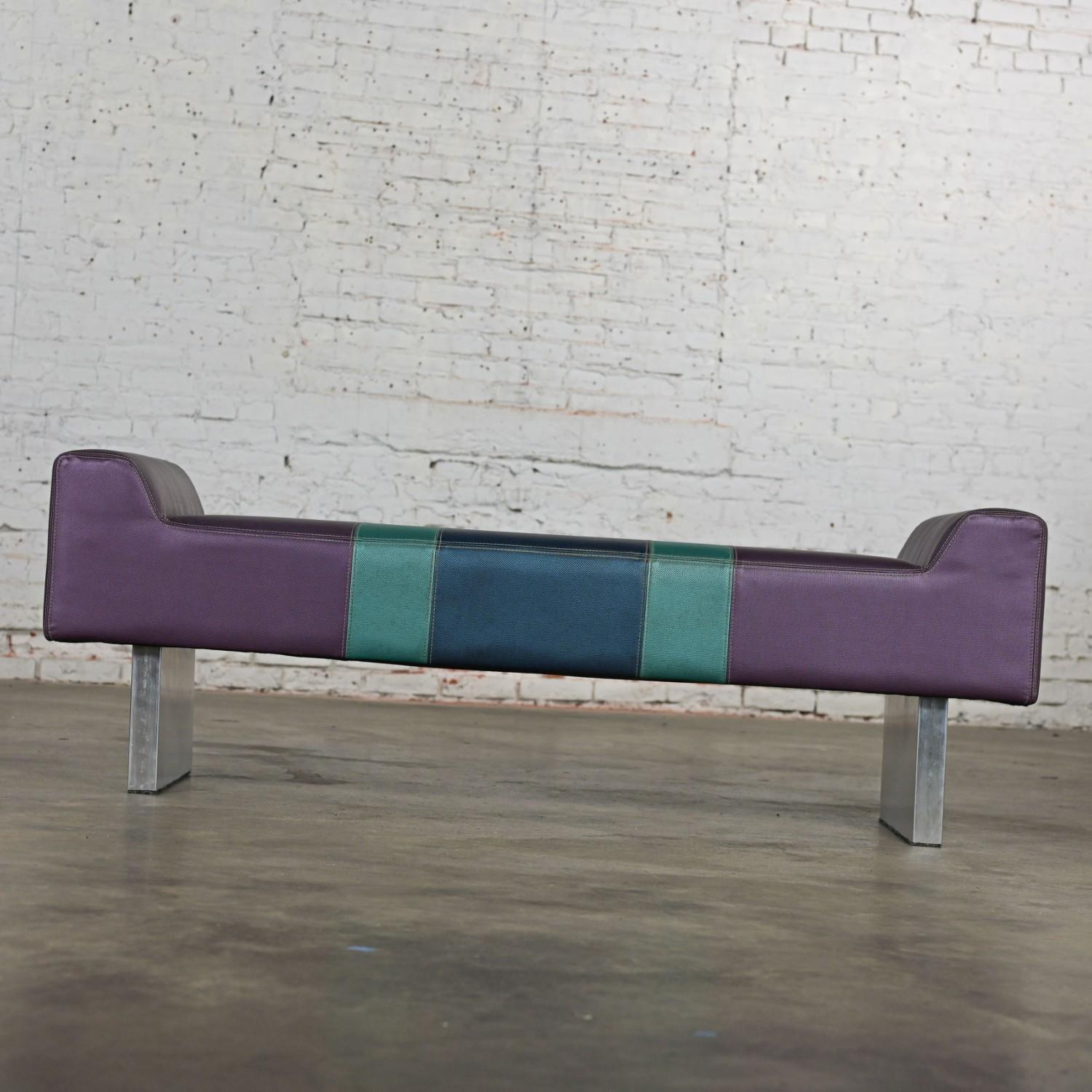 Postmodern Bench Purple Vinyl & Brushed Aluminum Base after the Memphis Group In Good Condition For Sale In Topeka, KS