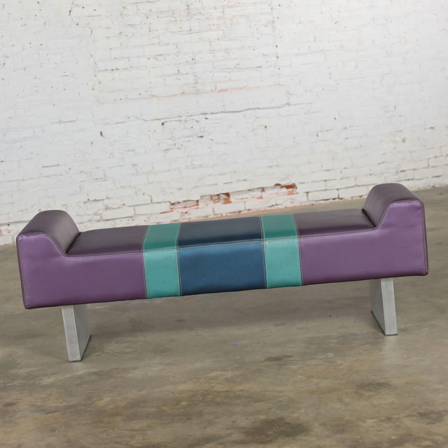20th Century Postmodern Bench Purple Vinyl & Brushed Aluminum Base after the Memphis Group For Sale