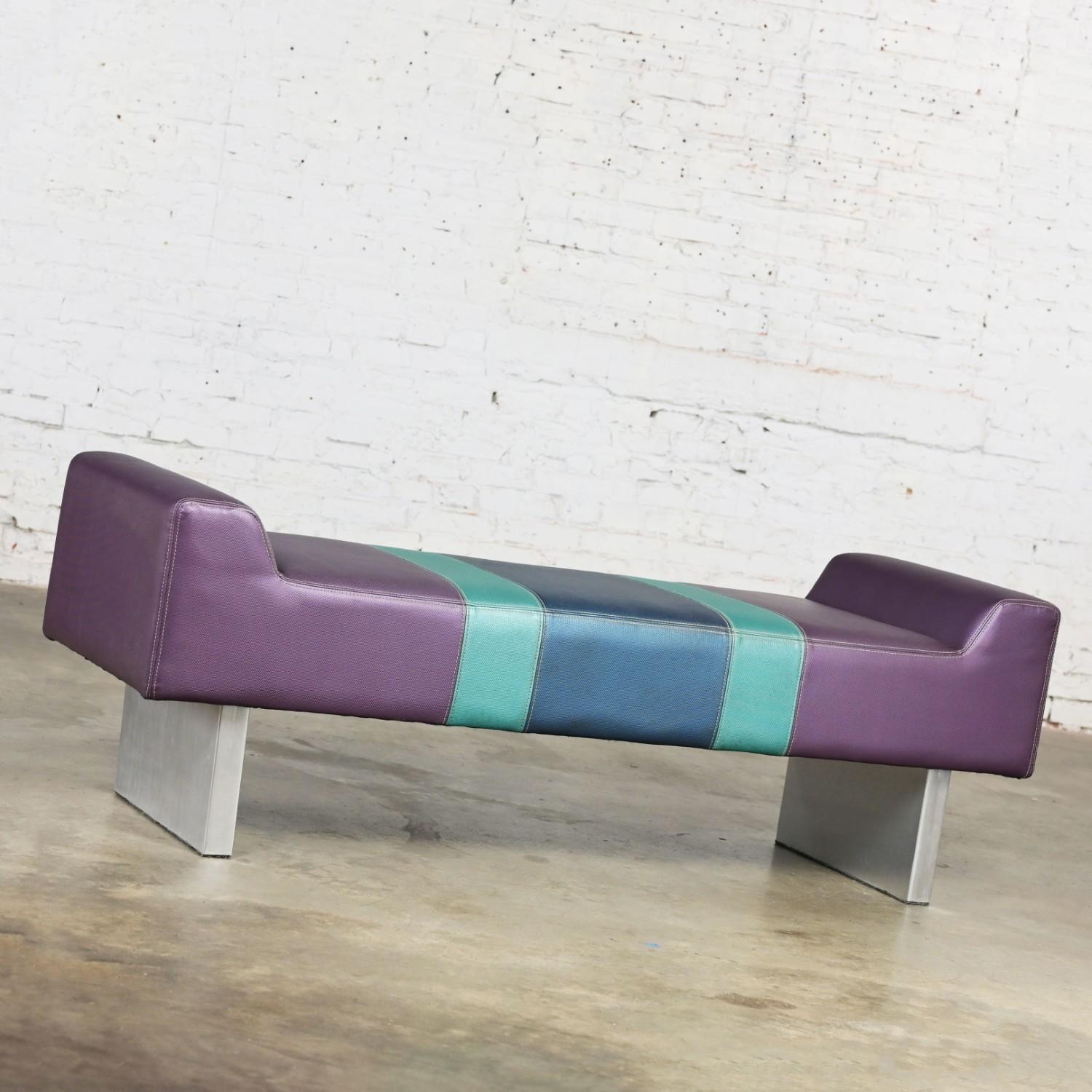 Faux Leather Postmodern Bench Purple Vinyl & Brushed Aluminum Base after the Memphis Group For Sale