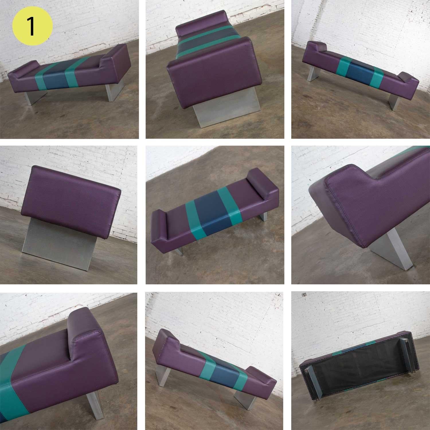 Postmodern Bench Purple Vinyl & Brushed Aluminum Bases after the Memphis Group For Sale 2