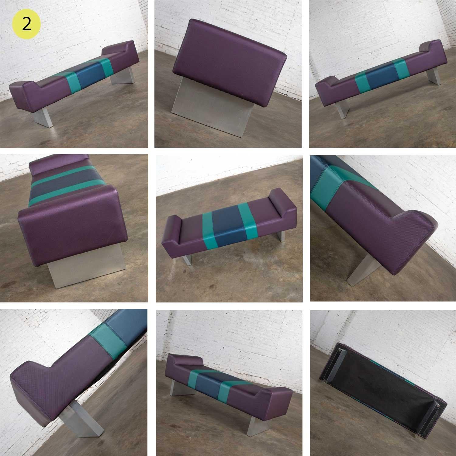 Postmodern Bench Purple Vinyl & Brushed Aluminum Bases after the Memphis Group For Sale 3