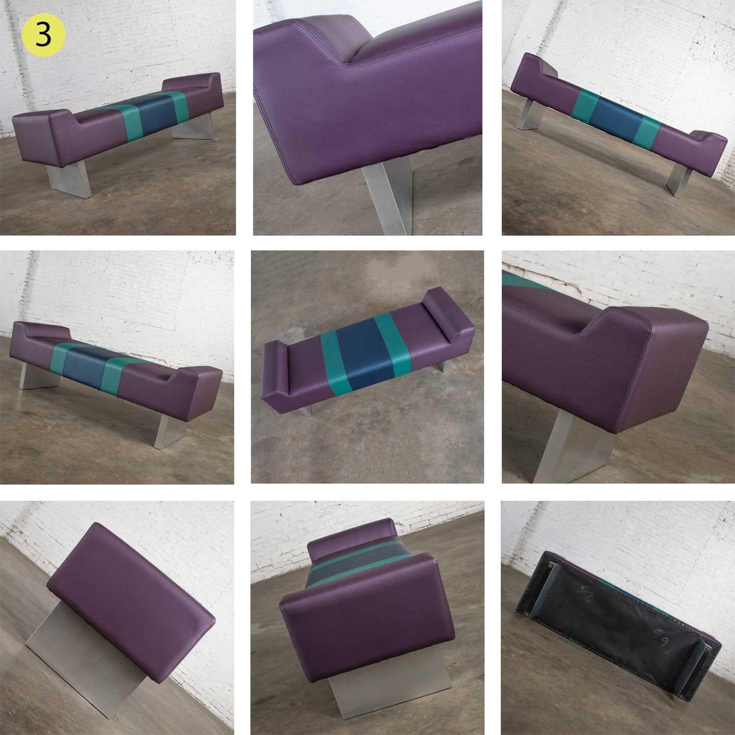 Postmodern Bench Purple Vinyl & Brushed Aluminum Bases after the Memphis Group For Sale 4