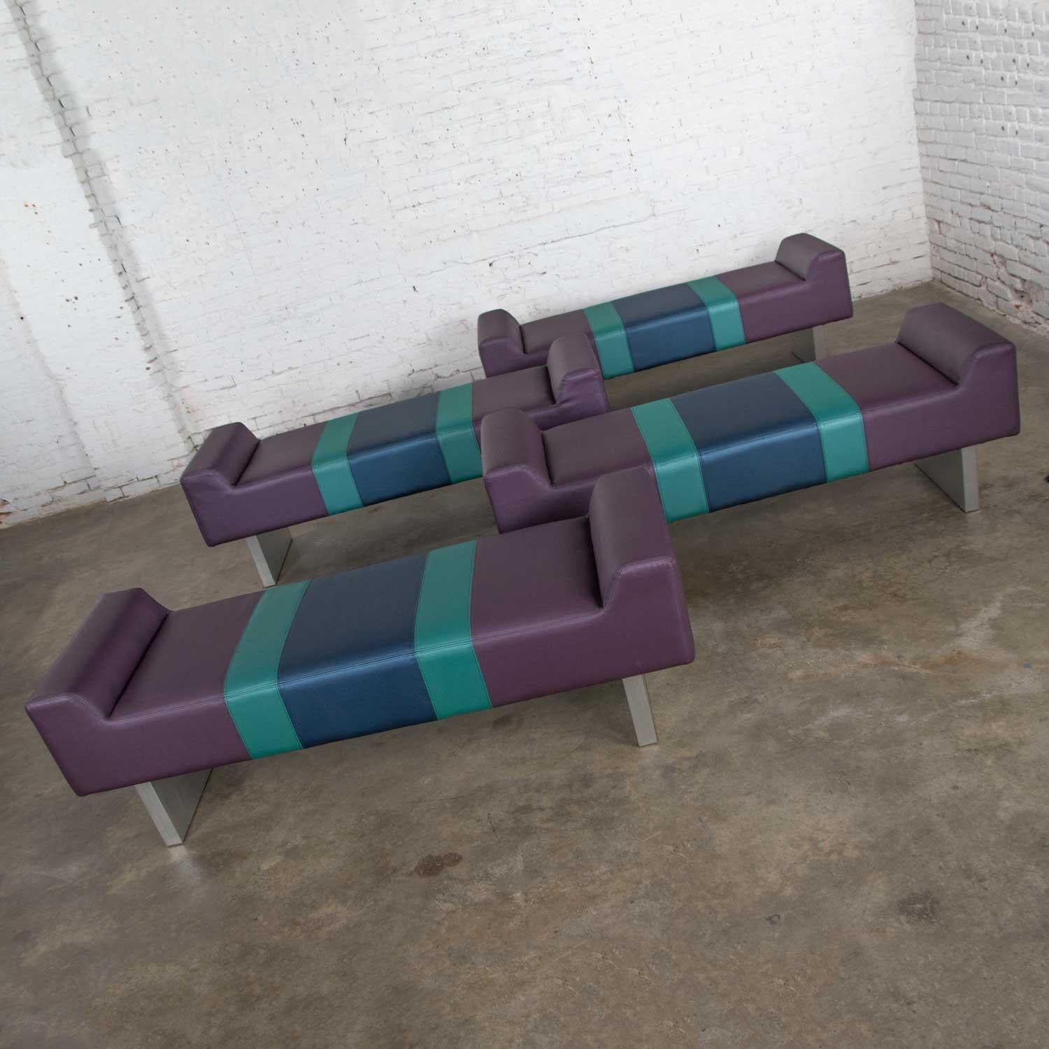 Post-Modern Postmodern Bench Purple Vinyl & Brushed Aluminum Bases after the Memphis Group For Sale
