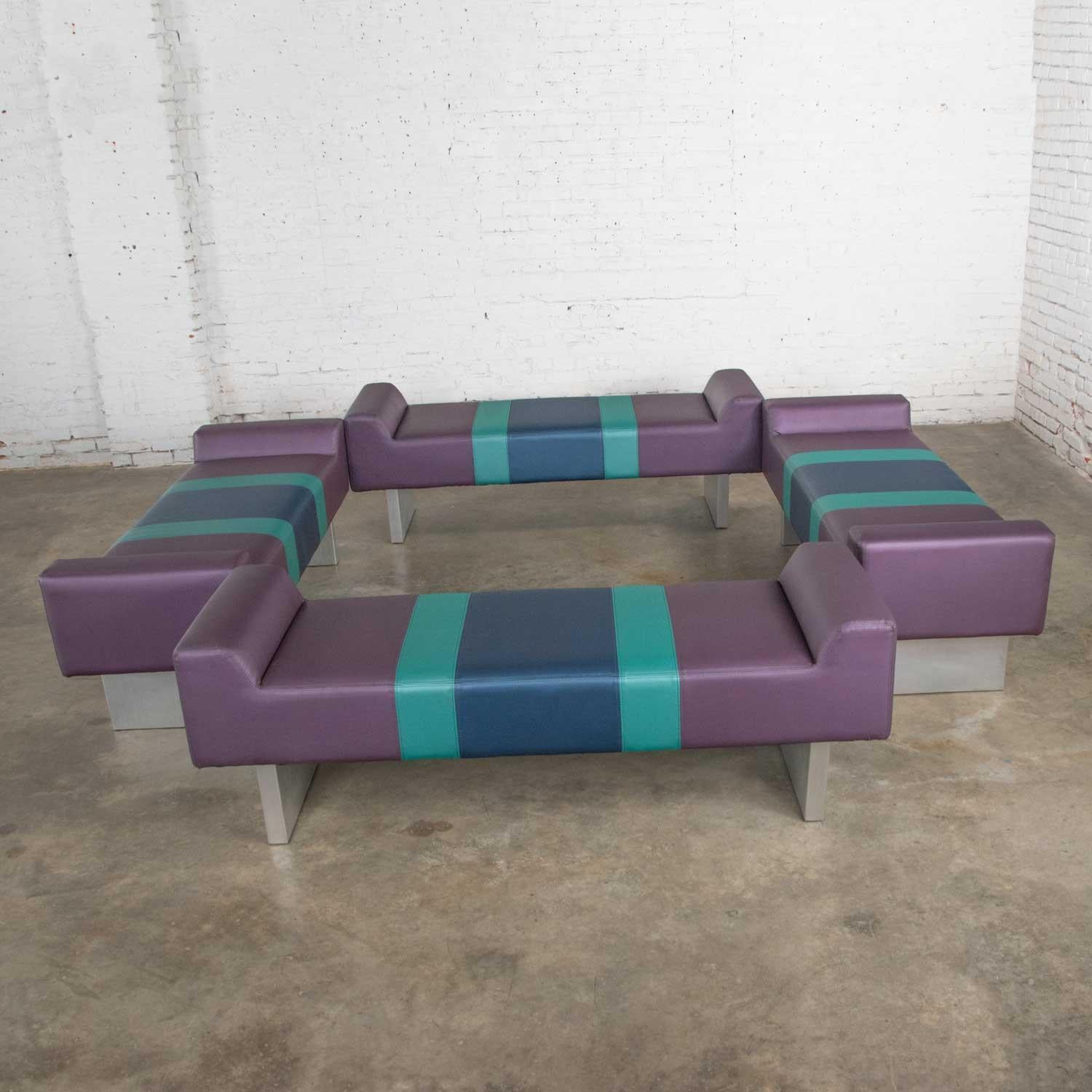 American Postmodern Bench Purple Vinyl & Brushed Aluminum Bases after the Memphis Group For Sale