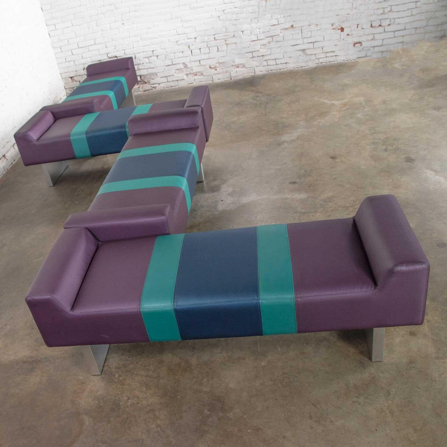 Postmodern Bench Purple Vinyl & Brushed Aluminum Bases after the Memphis Group In Good Condition For Sale In Topeka, KS