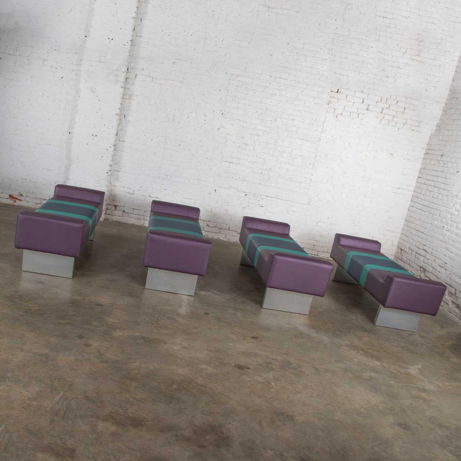 20th Century Postmodern Bench Purple Vinyl & Brushed Aluminum Bases after the Memphis Group For Sale