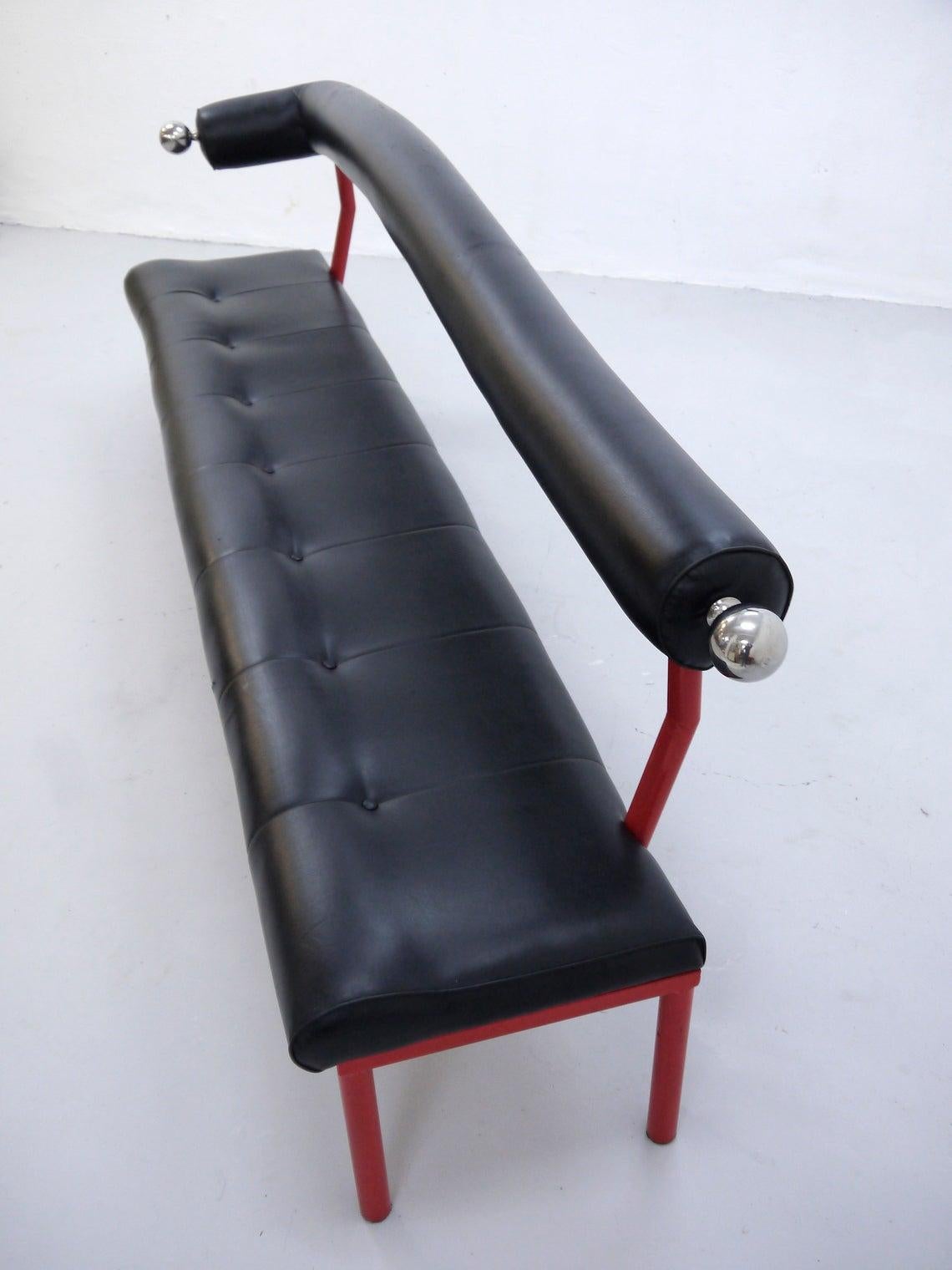 European Postmodern Bench with Black Vinyl Seating, 1980s