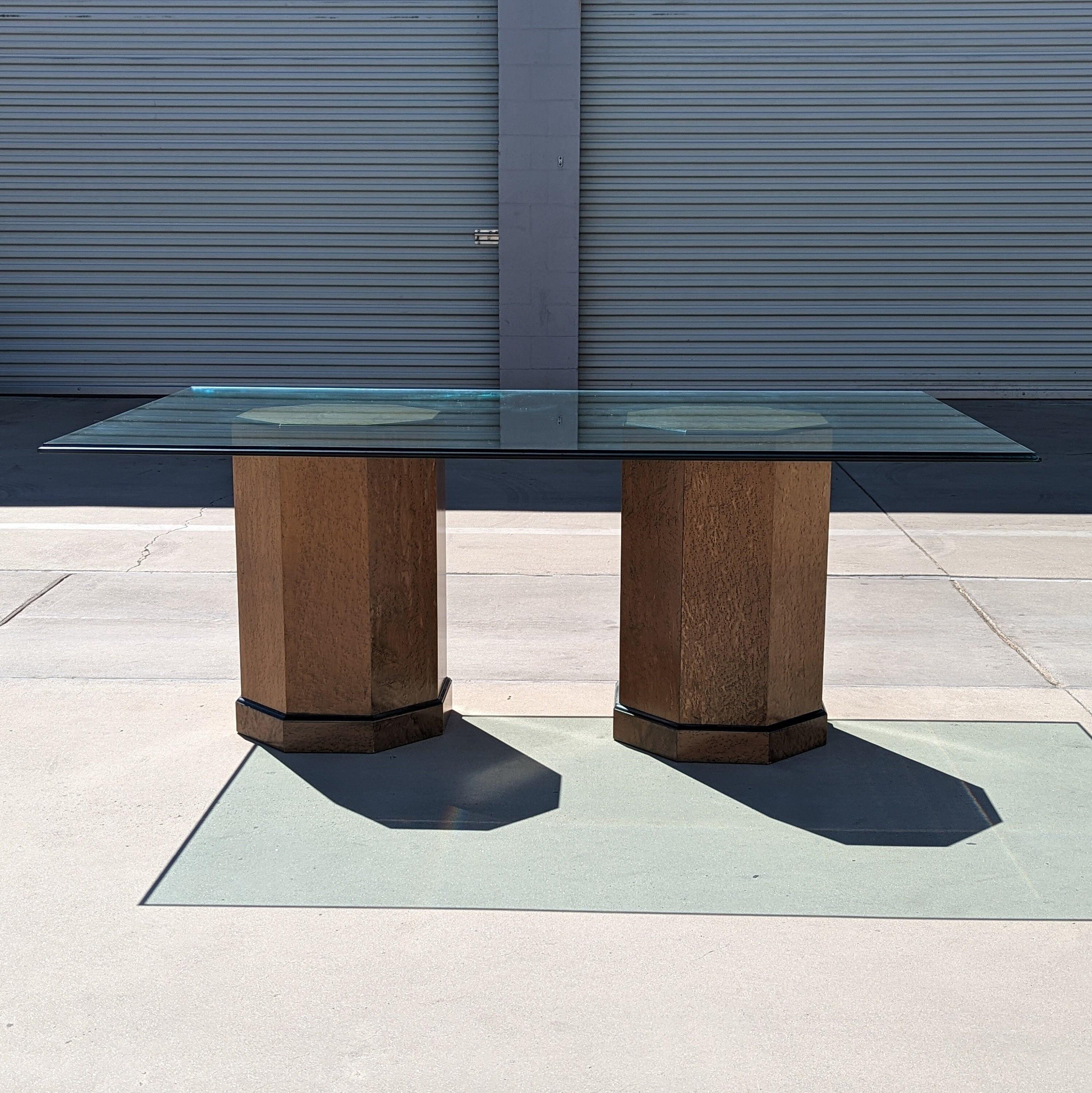Postmodern Bernhardt Glass Dining Table with Birdseye Maple Pedestal Bases 1980s For Sale 4