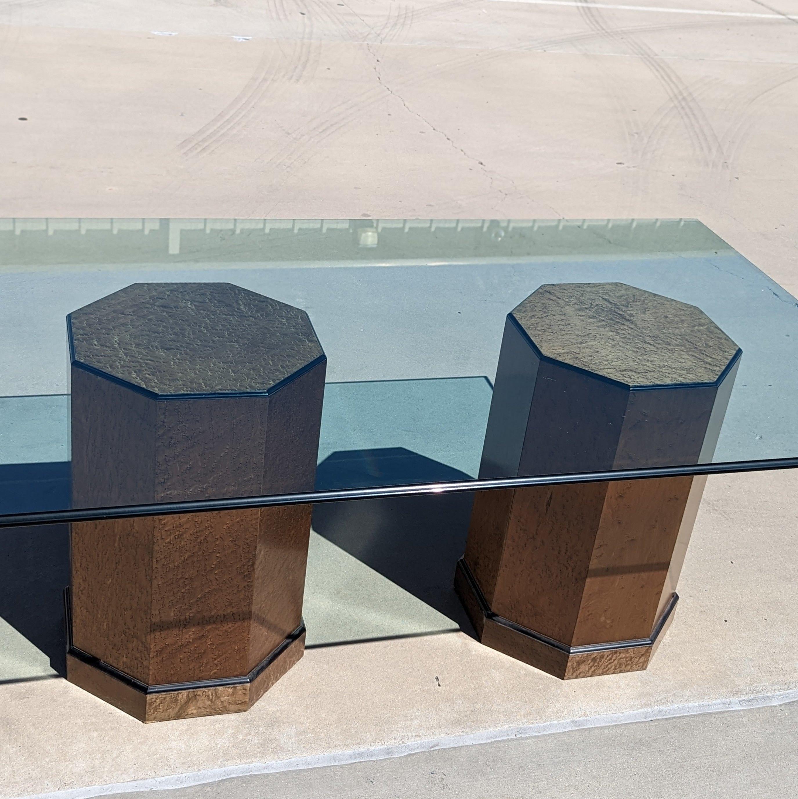 Post-Modern Postmodern Bernhardt Glass Dining Table with Birdseye Maple Pedestal Bases 1980s For Sale