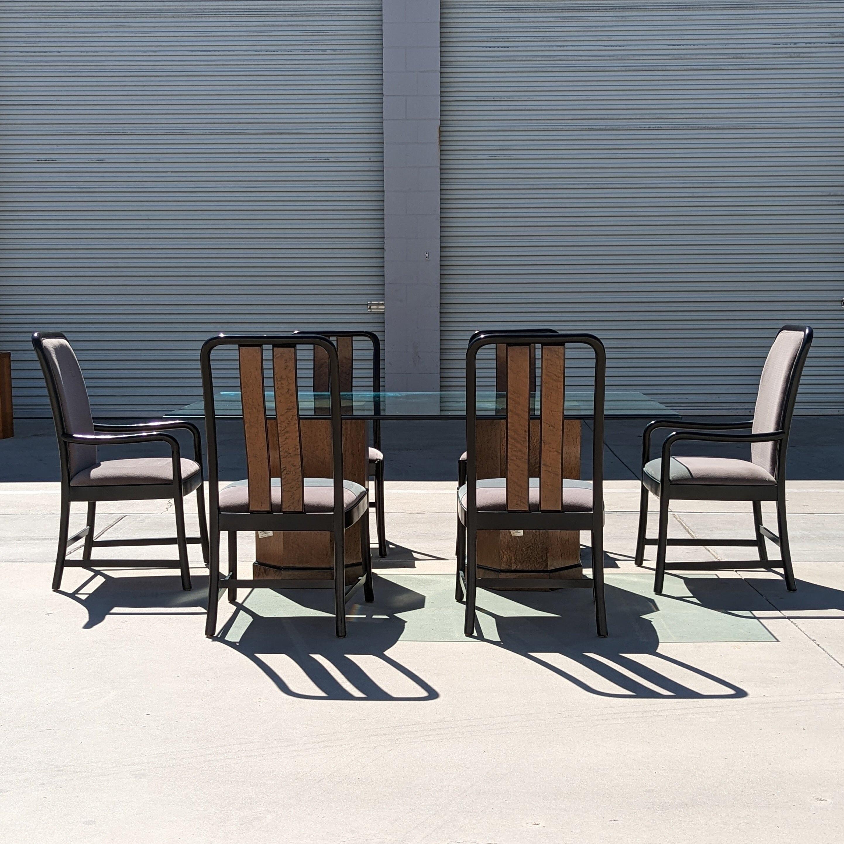 American Postmodern Bernhardt Glass Dining Table with Birdseye Maple Pedestal Bases 1980s For Sale