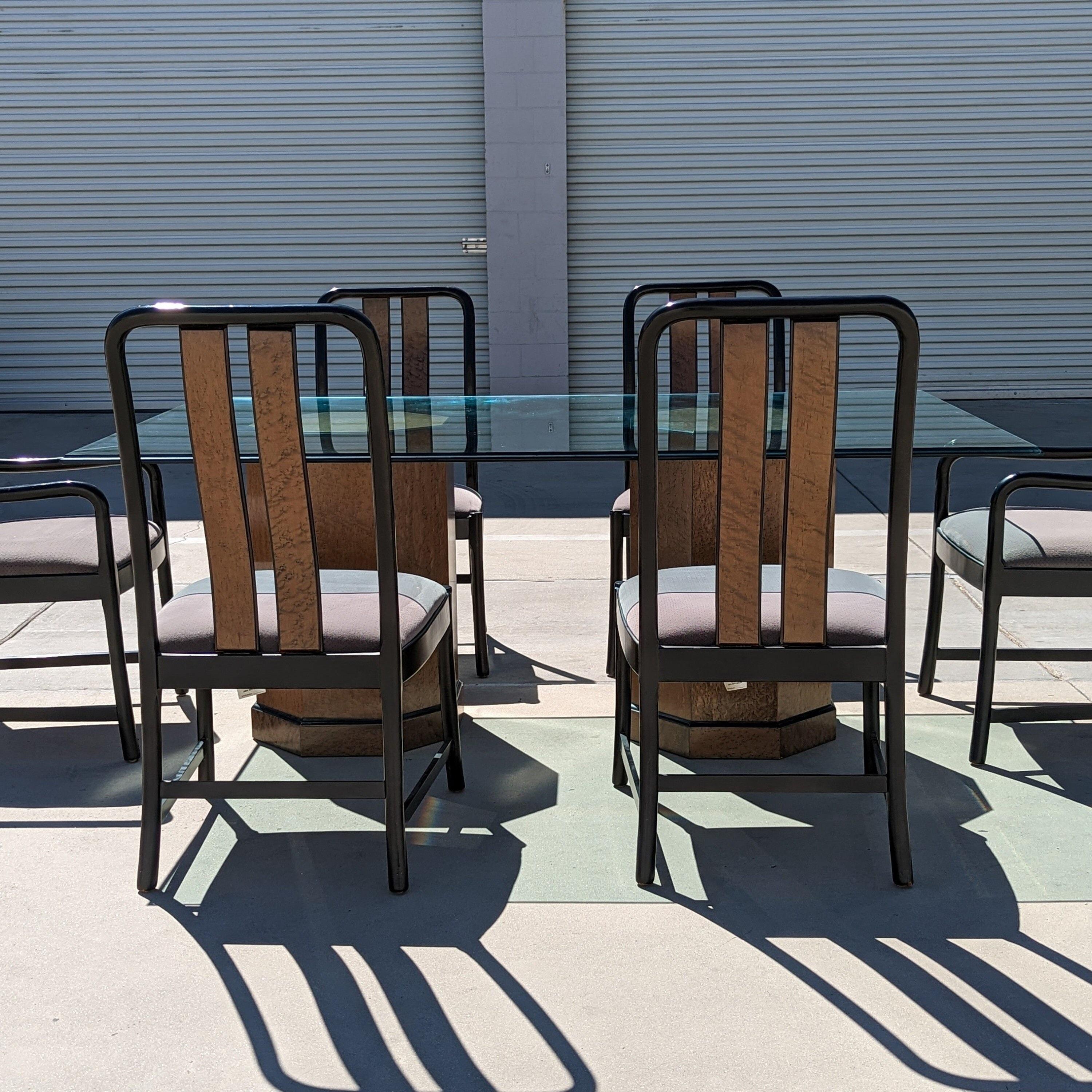 20th Century Postmodern Bernhardt Glass Dining Table with Birdseye Maple Pedestal Bases 1980s For Sale