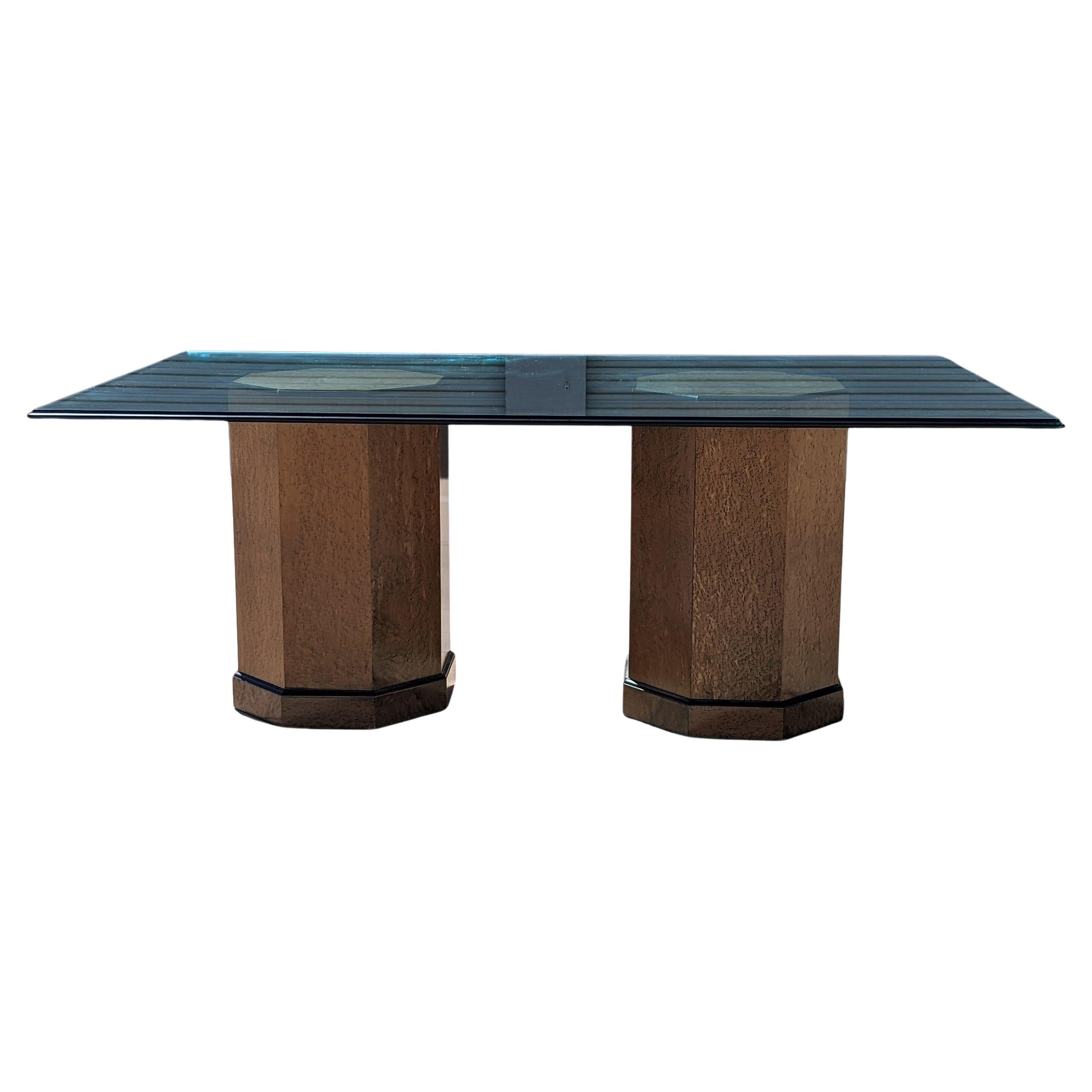 Postmodern Bernhardt Glass Dining Table with Birdseye Maple Pedestal Bases 1980s For Sale