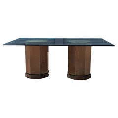 Postmodern Bernhardt Glass Dining Table with Birdseye Maple Pedestal Bases 1980s