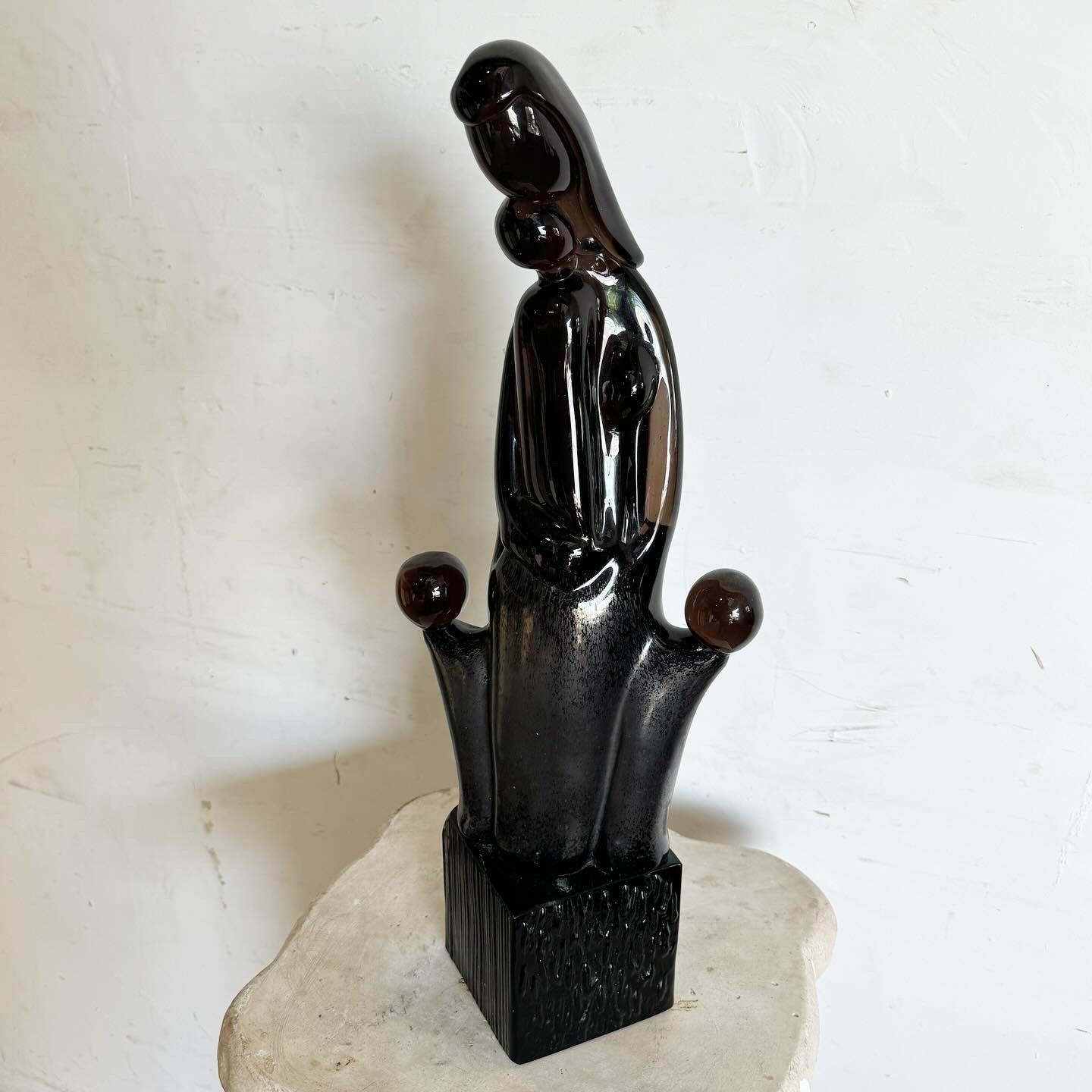 American Postmodern Black Amethyst Glass Sculpture of Mother With Children For Sale