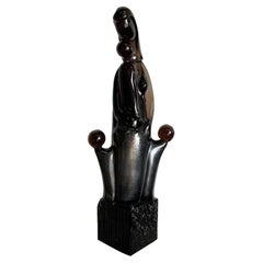 Postmodern Black Amethyst Glass Sculpture of Mother With Children
