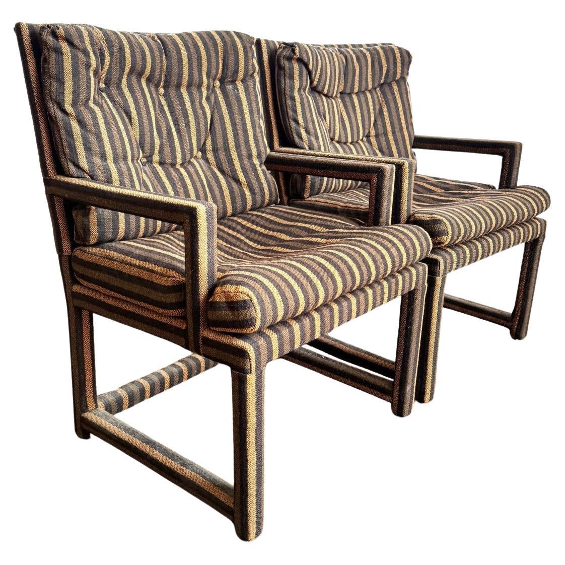 Postmodern Black and Brown Tufted Parsons Arm Chairs - A Pair For Sale