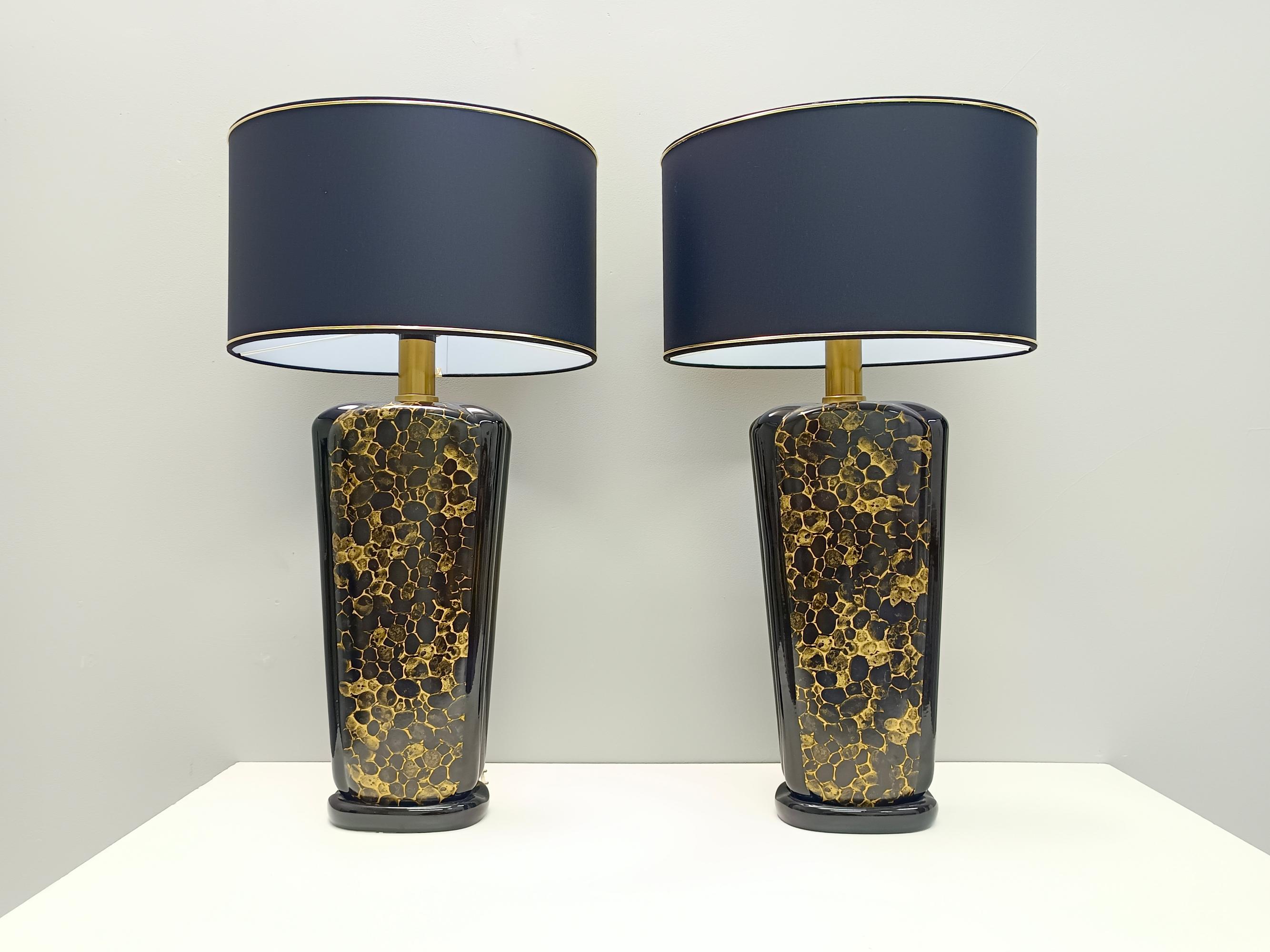 Brass Postmodern Black and Gold Glazed Ceramic Table Lamps, Italy 1980s For Sale