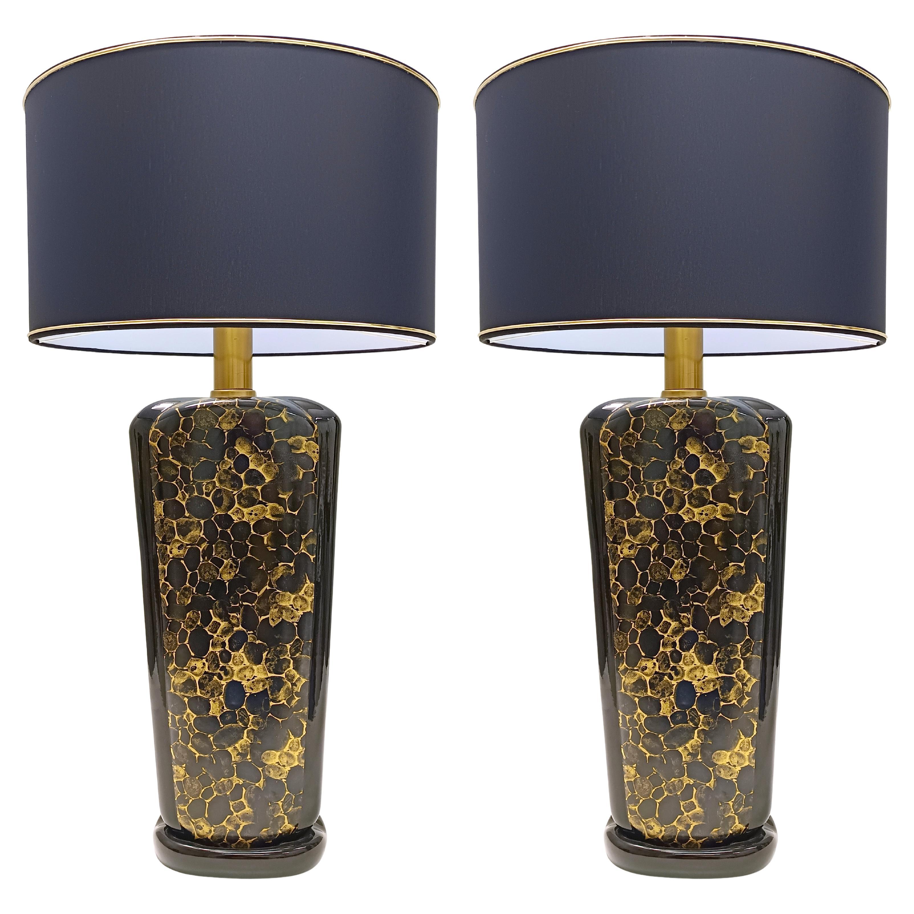 Postmodern Black and Gold Glazed Ceramic Table Lamps, Italy 1980s