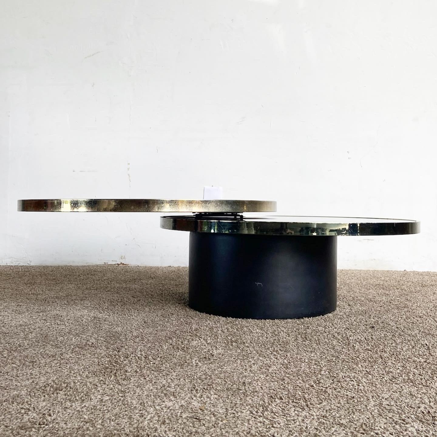 Late 20th Century Postmodern Black and Gold Swivel Glass Top Coffee Table